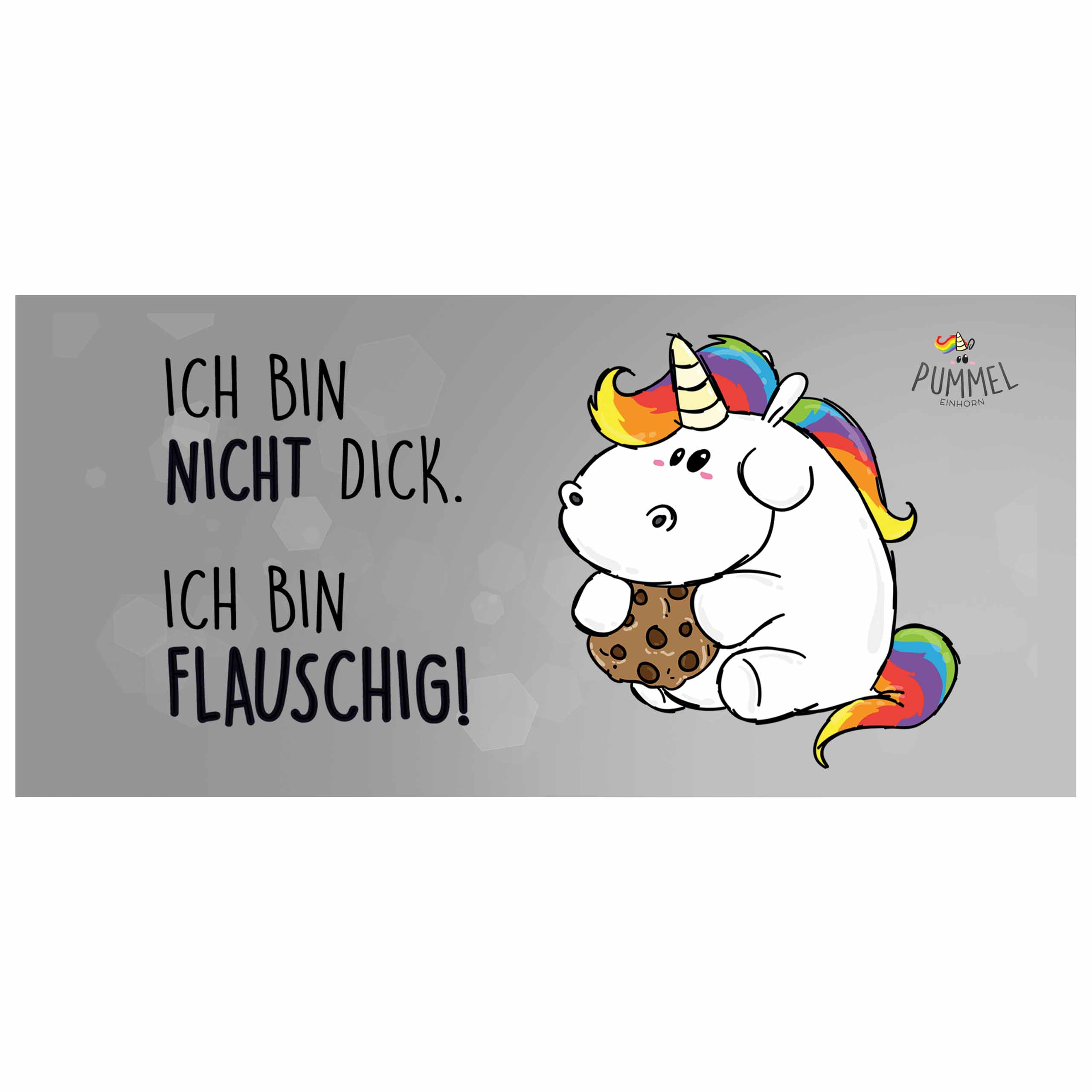 Einhorn mit deutschem Text, hält einen Keks.
