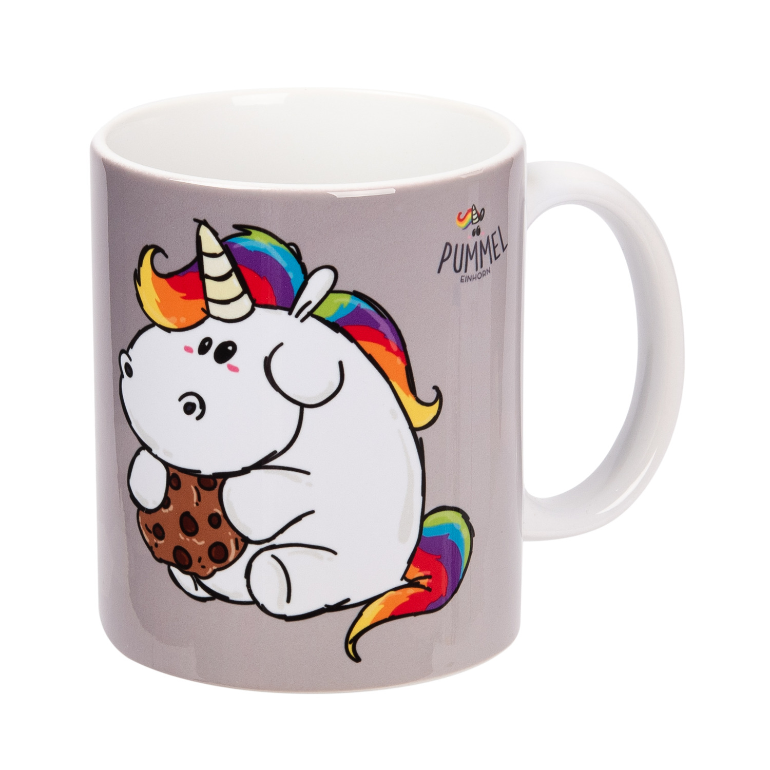 Becher mit einem Cartoon-Einhorn, das einen Keks hält, mit Regenbogenmähne und -schwanz.