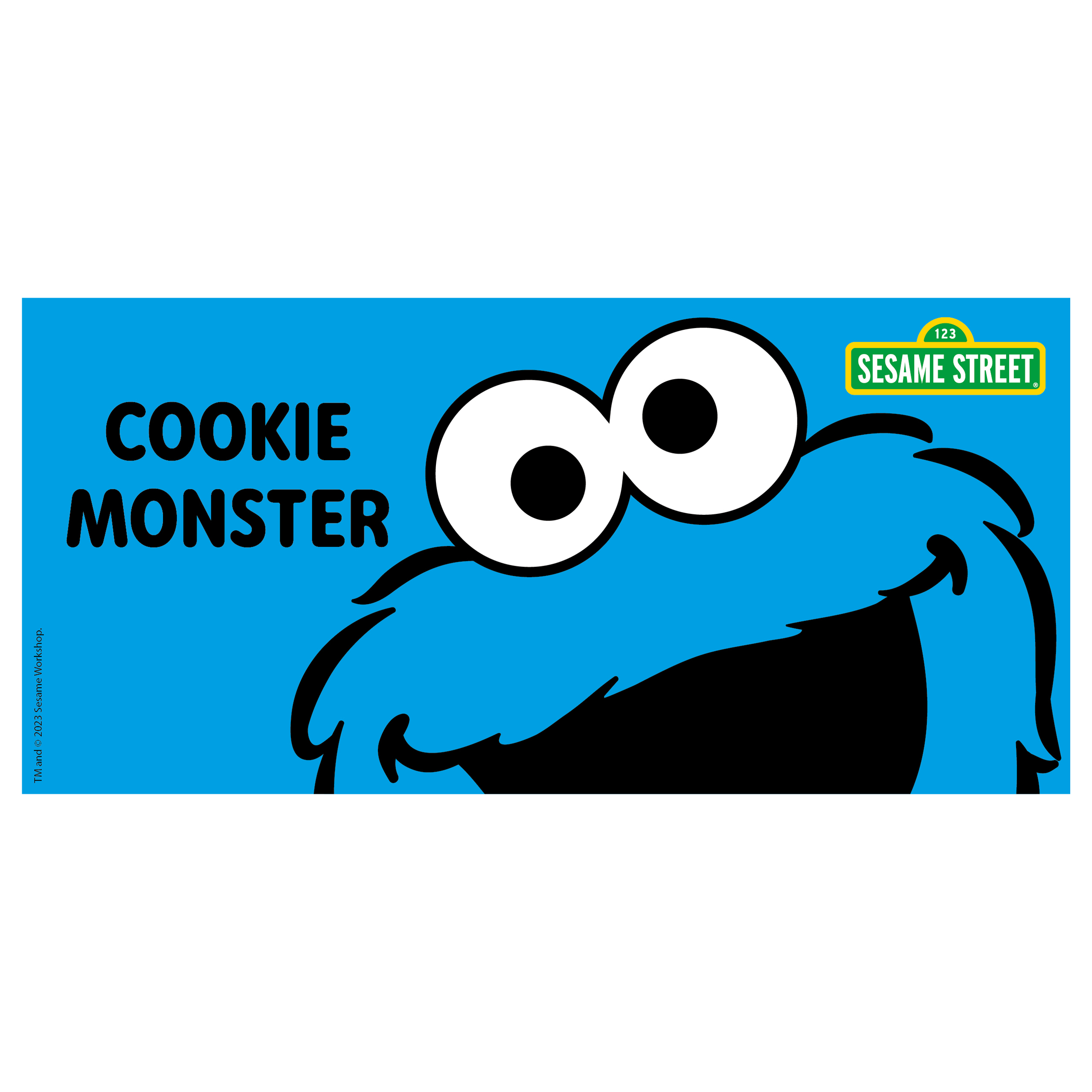 Blauer Hintergrund mit Krümelmonsters Gesicht und 'COOKIE MONSTER' Text.