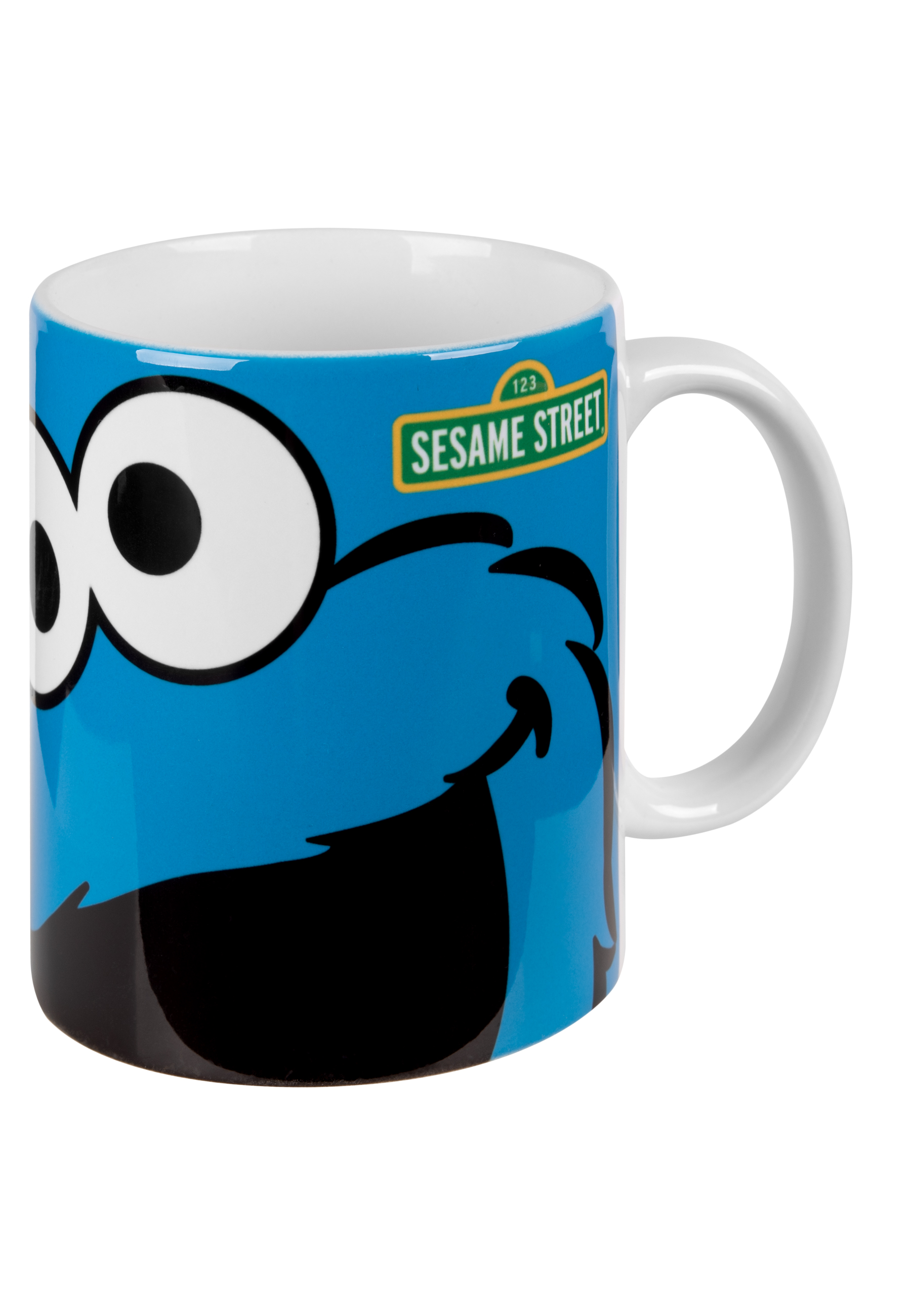 Blauer Becher mit einem Cookie-Monster-Gesicht und Sesame-Street-Logo. Der Becher ist innen weiß.
