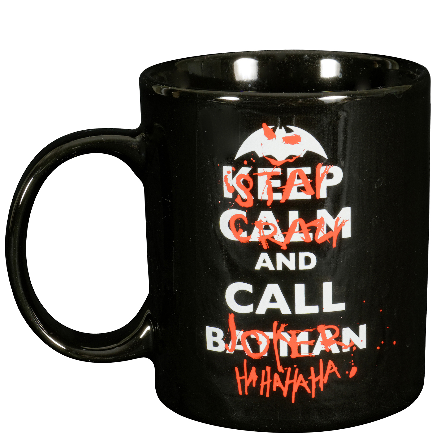 Schwarze Tasse mit Batman-Logo und Text: Keep Calm and Call Batman, mit roten Spritzern.