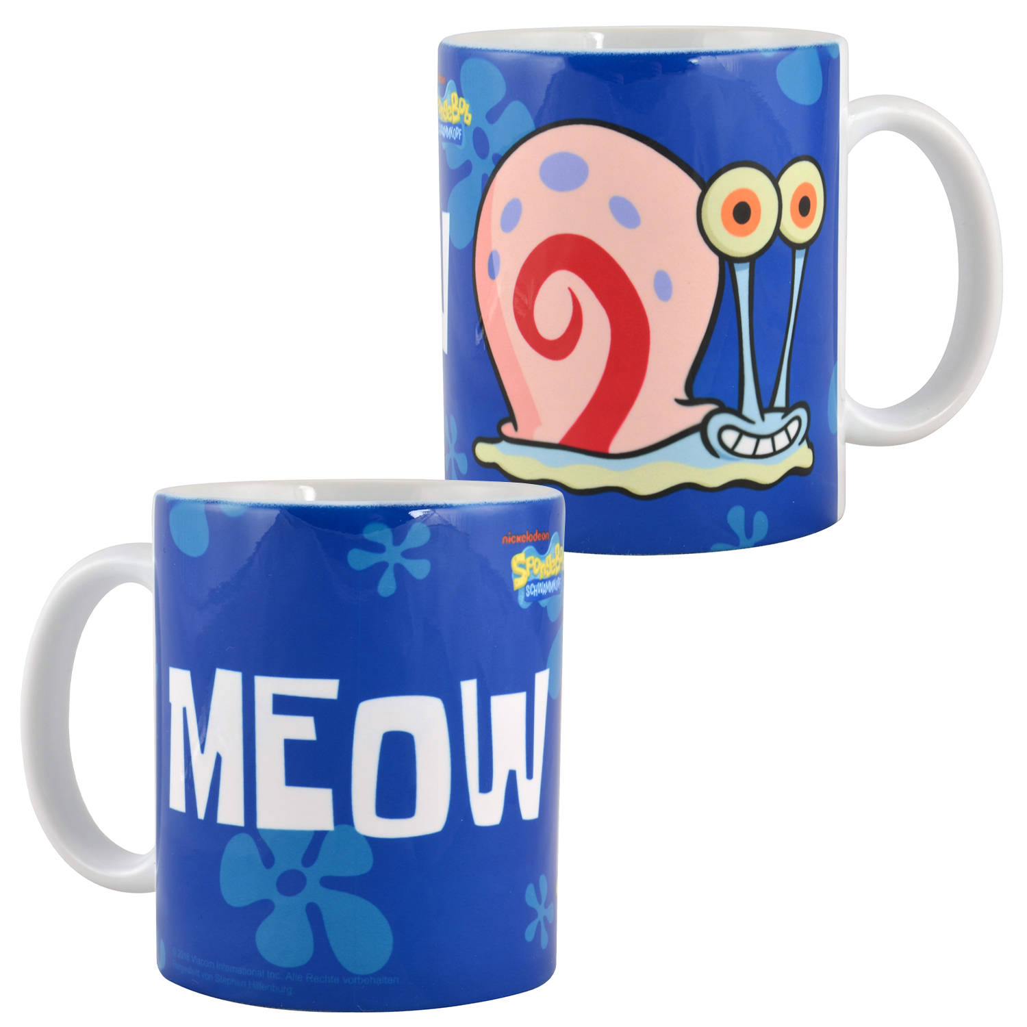 Tassen mit Spongebob und Gary. Der Hintergrund hat das Spongebob-Thema. Die Tasse hat einen Henkel.