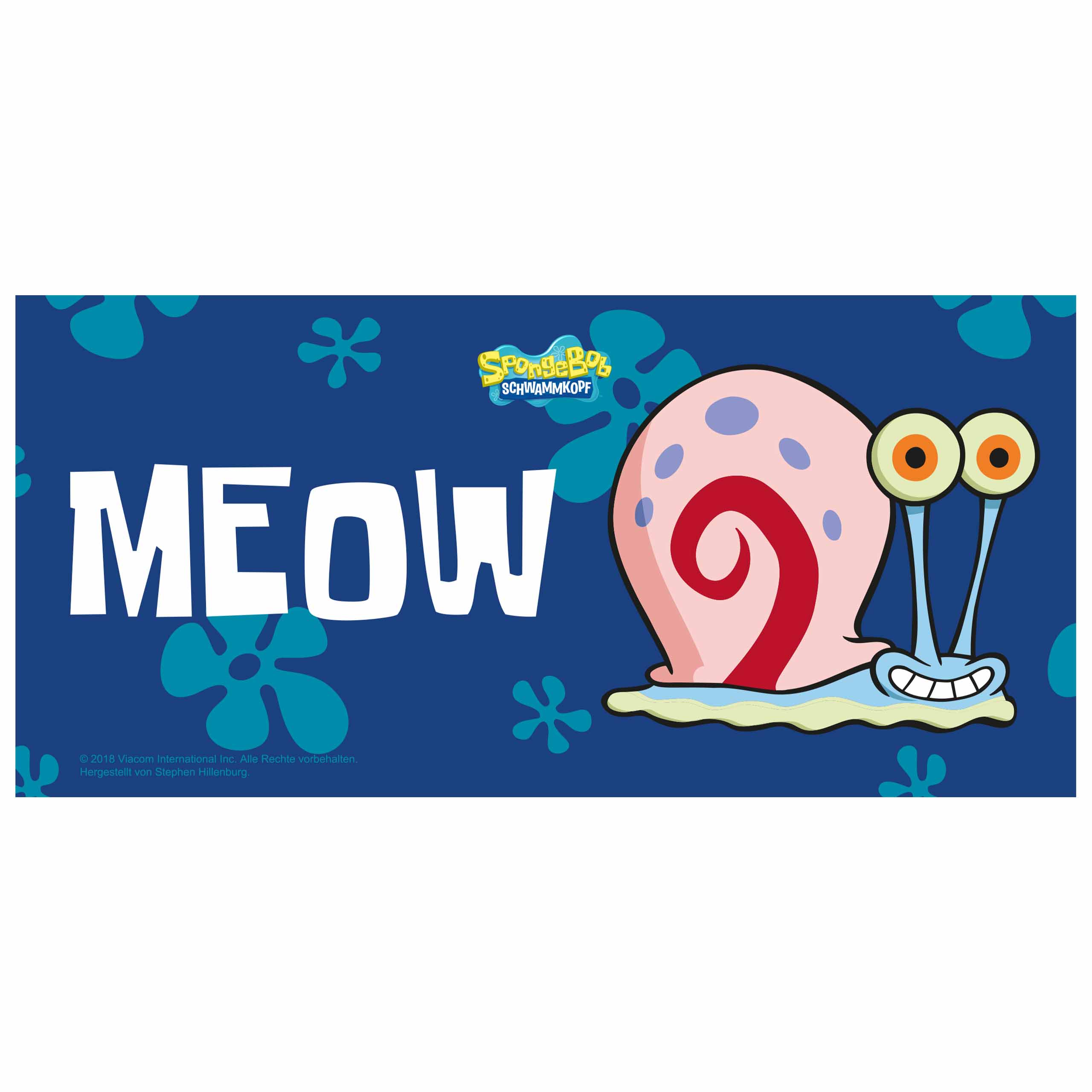 Ein blauer Hintergrund mit dem Wort 'MEOW' und einer Cartoon-Schnecke mit 'Spongebob'-Logo.