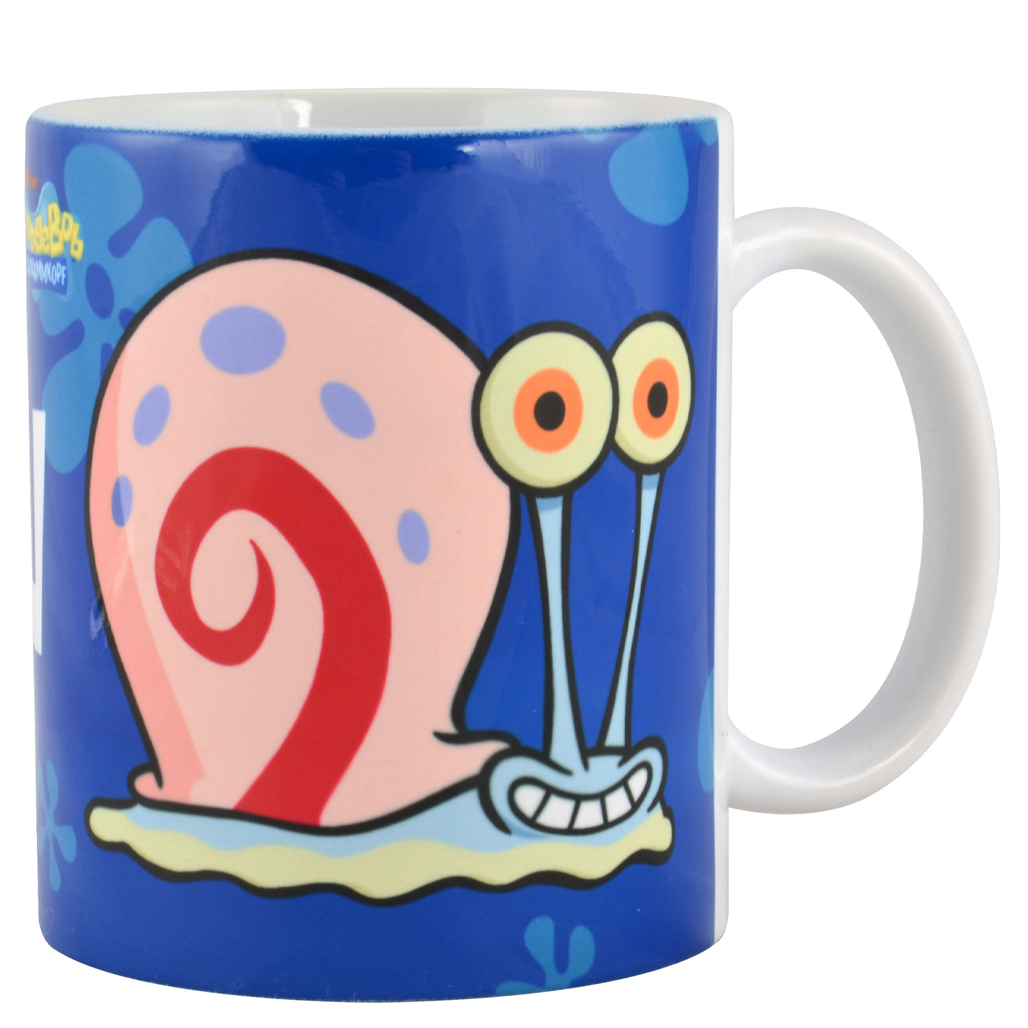 Eine blaue Tasse mit Gary der Schnecke von Spongebob.