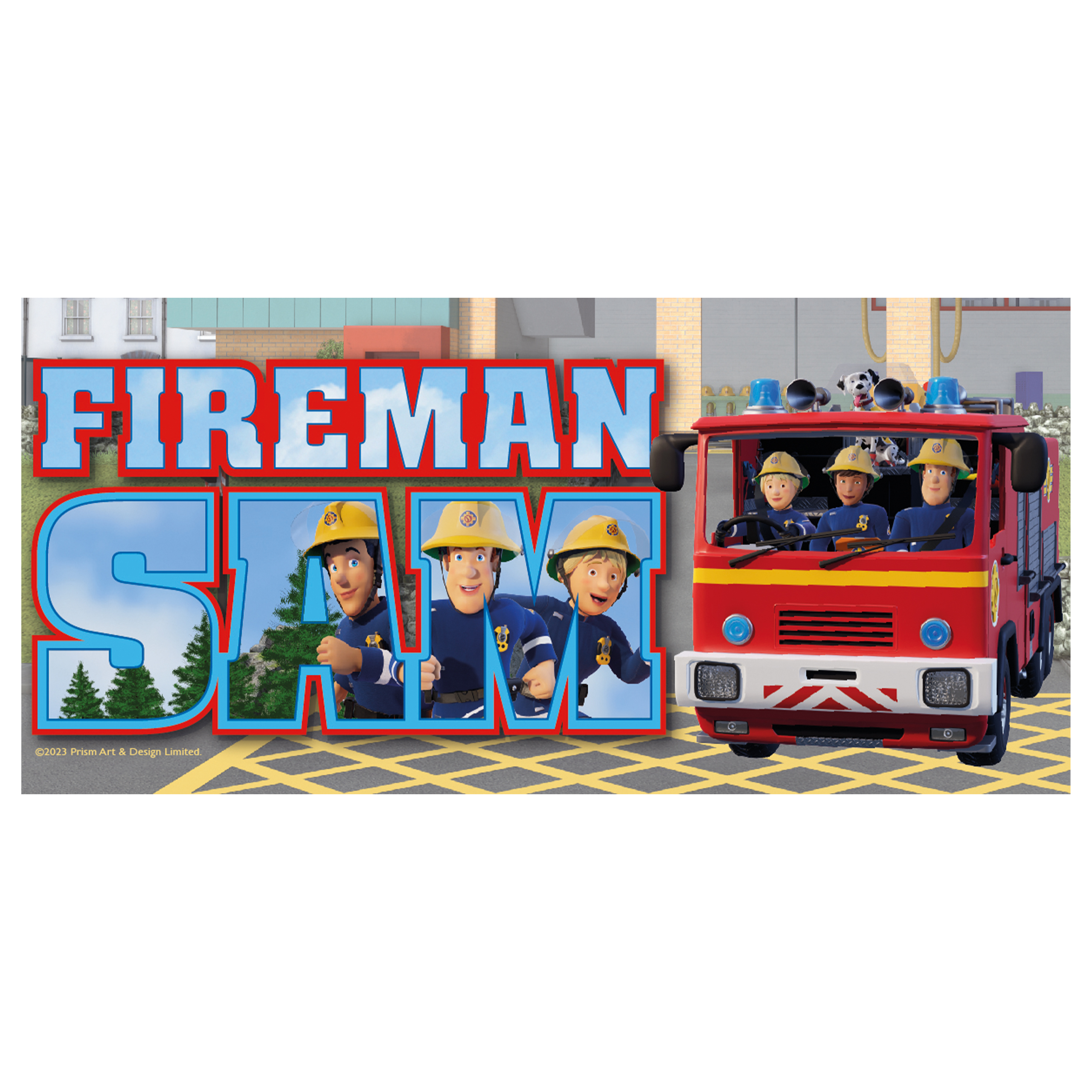Fireman Sam-Logo mit dem Feuerwehrauto und Feuerwehrmännern. Das Feuerwehrauto ist rot.