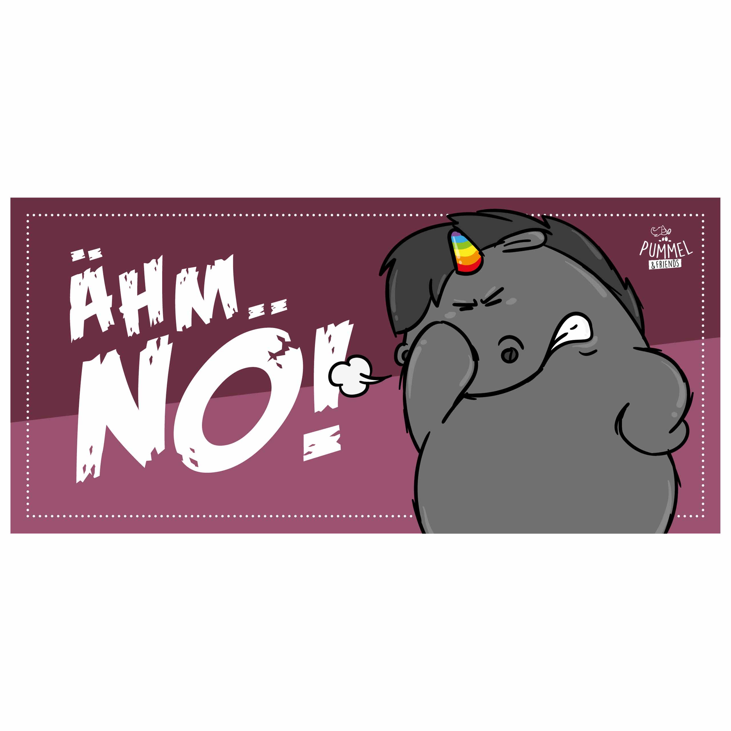 Ein Cartoon-Einhorn mit Regenbogenhorn sagt nein. Lila Hintergrund.