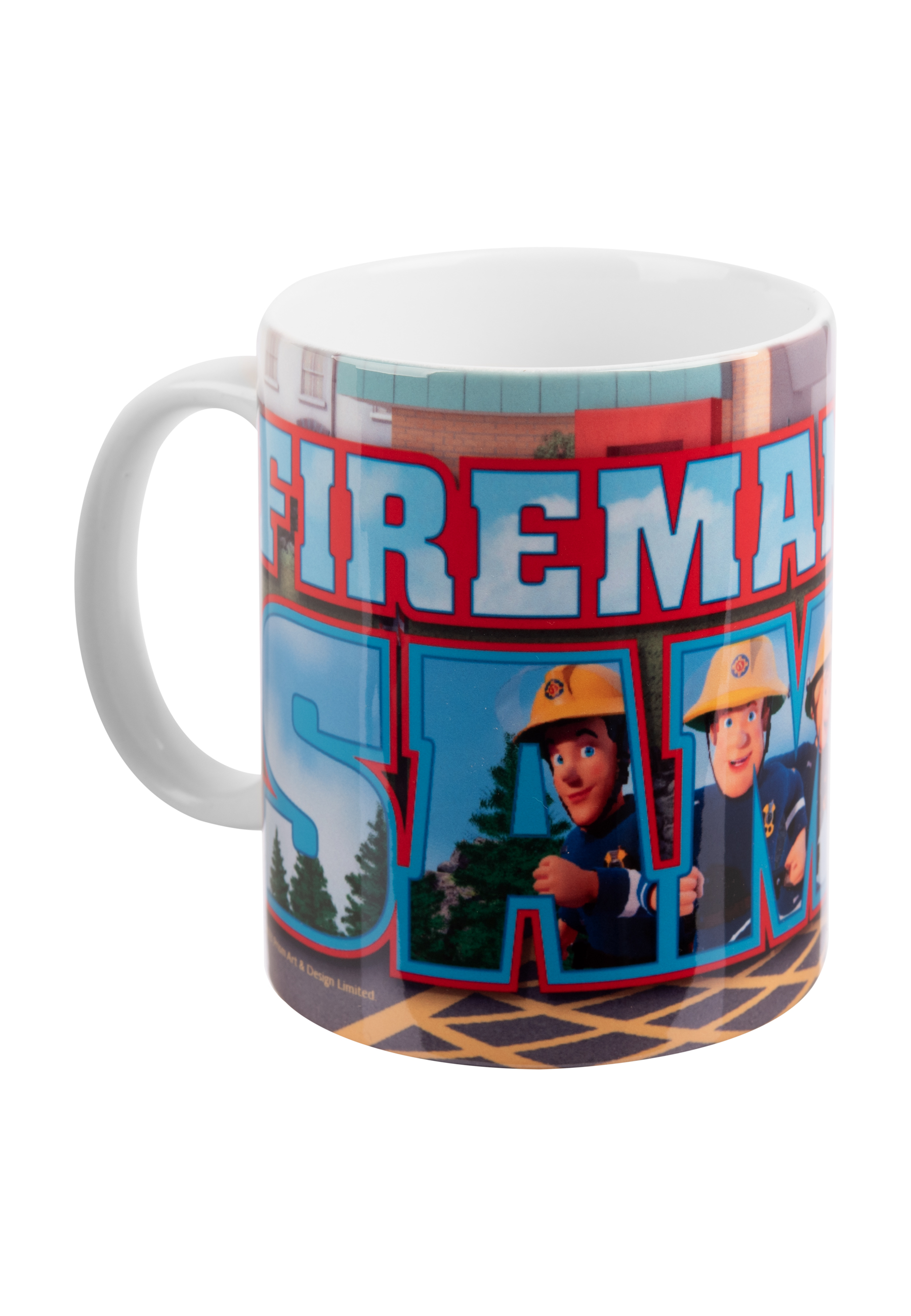 Weißer Becher mit Feuerwehrmann Sam-Figuren und Logo.