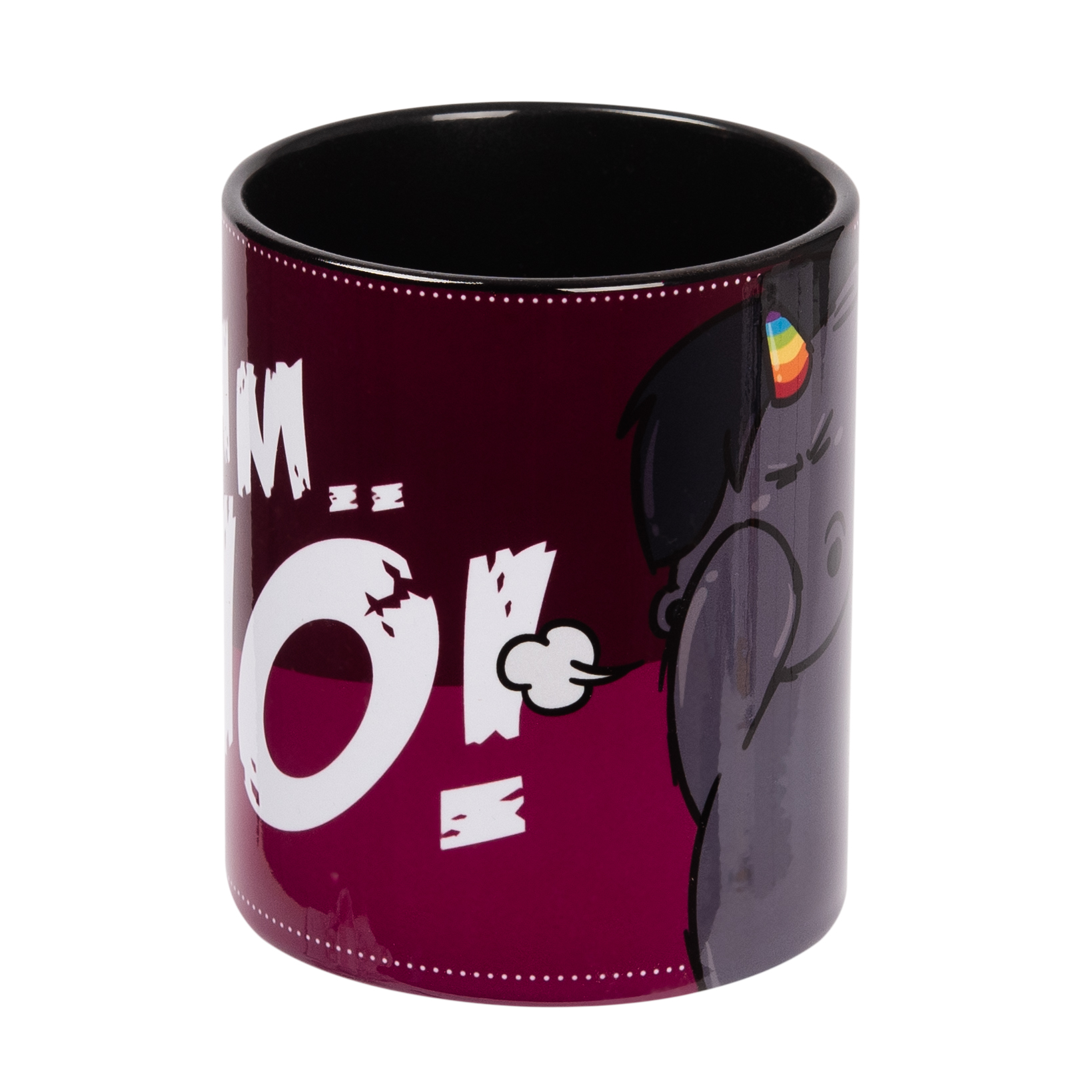 Eine Tasse mit lila Hintergrund. Sie hat einen Cartoon mit einem Regenbogenhorn und sagt 'I'm OK'.