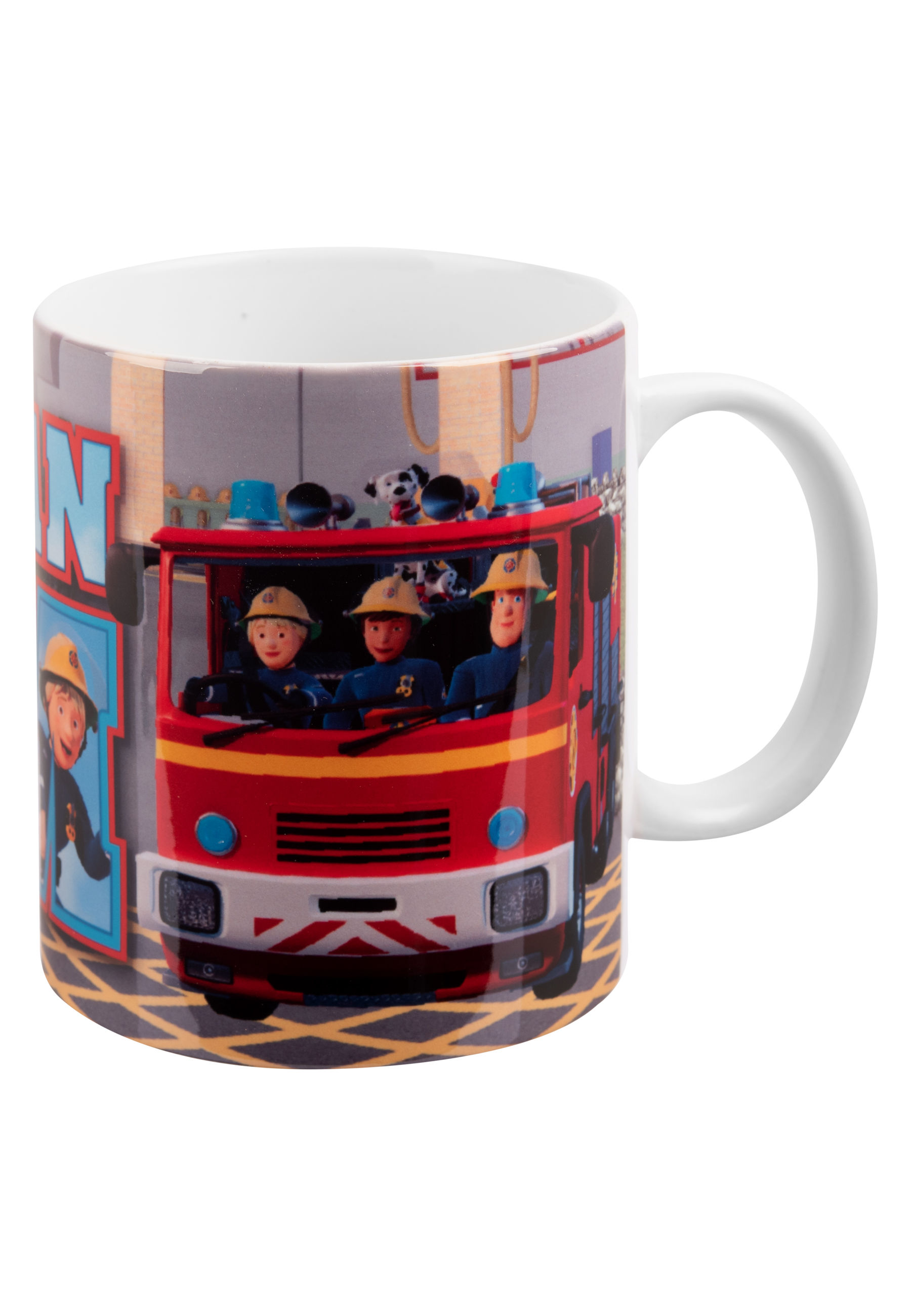 Ein weißer Becher mit einem Bild eines roten Feuerwehrautos und Feuerwehrmann.