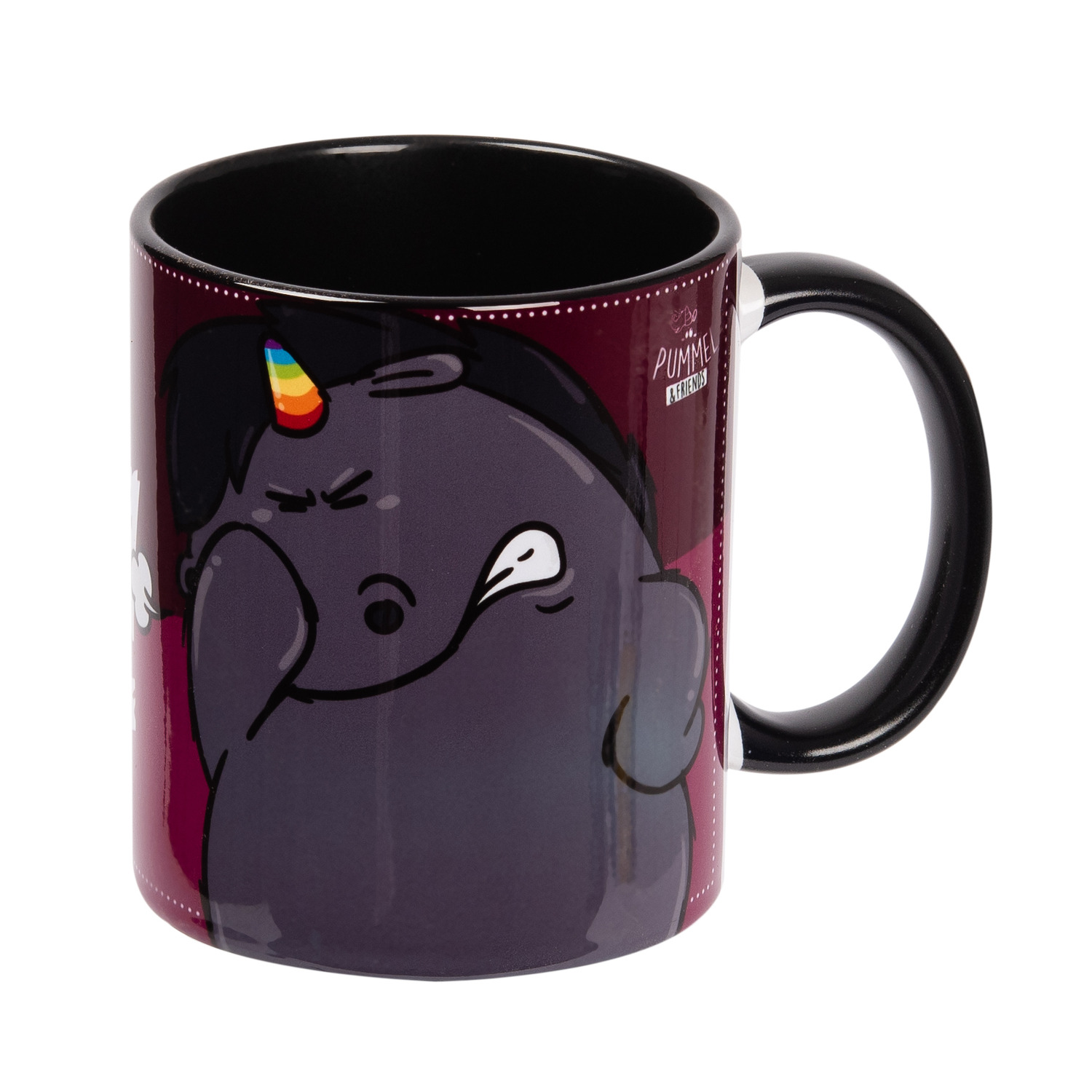 Tasse mit einem Cartoon-Einhorn mit Regenbogenhorn, schwarzer Henkel. Text: 'Pummeleinhorn'.