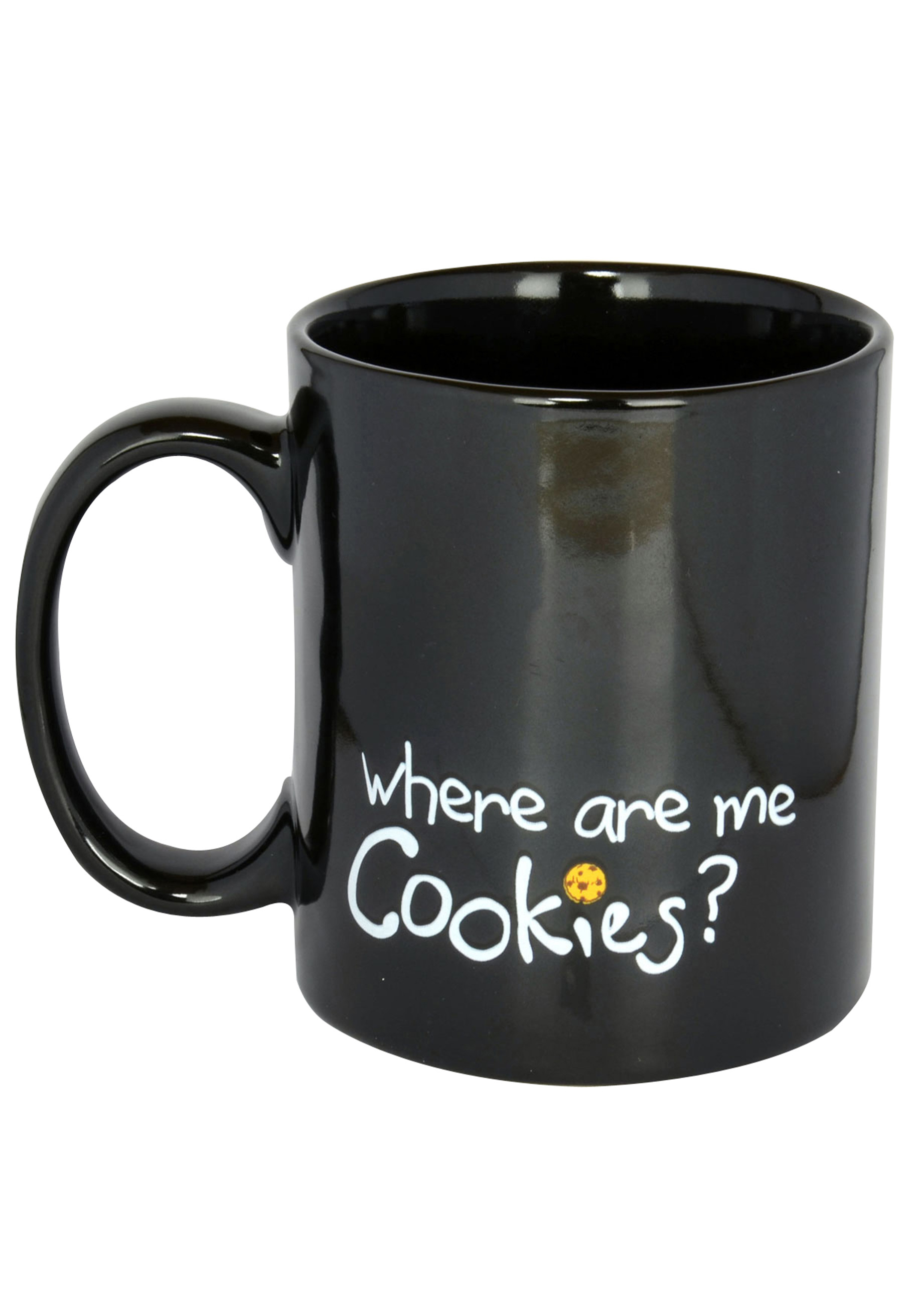 Schwarzer Becher mit dem Text 'where are me Cookies?' und einem Keks-Symbol.