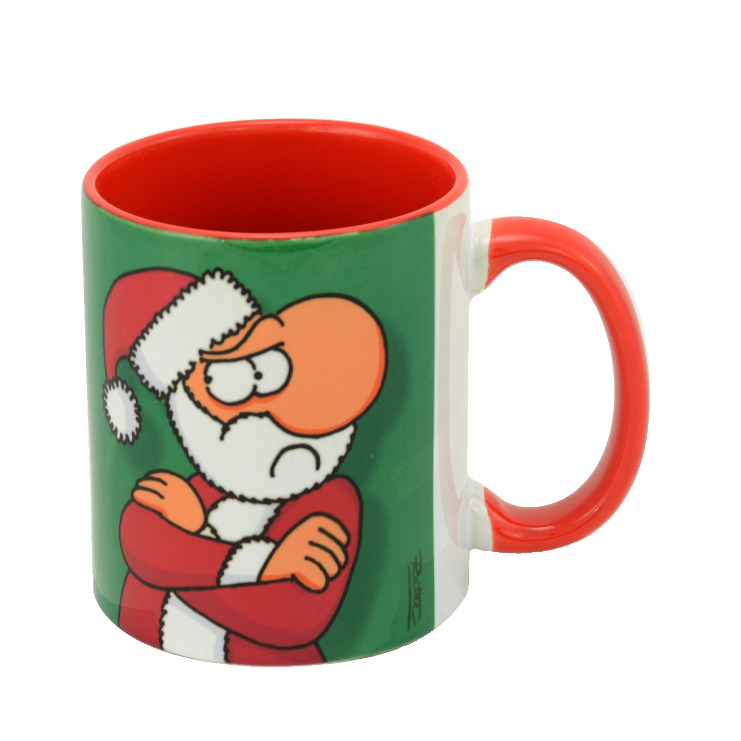 Eine Tasse mit Weihnachtsmann. Der Weihnachtsmann ist wütend, trägt einen roten Anzug und Hut, auf grünem Hintergrund.