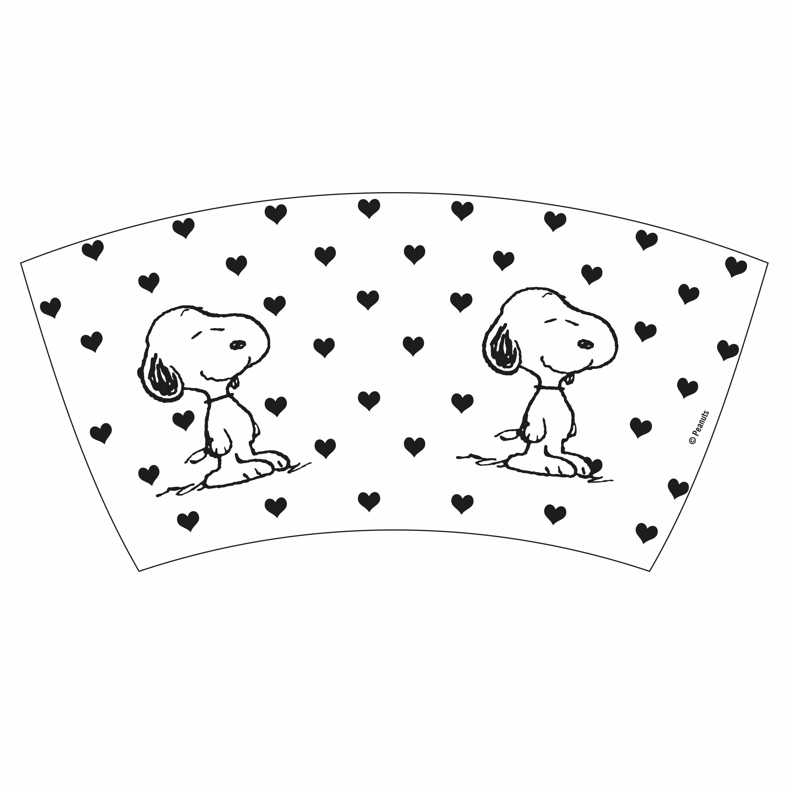 Weißes Papierbecher-Design mit Snoopy und Herzen, und schwarze Herzen überall auf der Oberfläche.