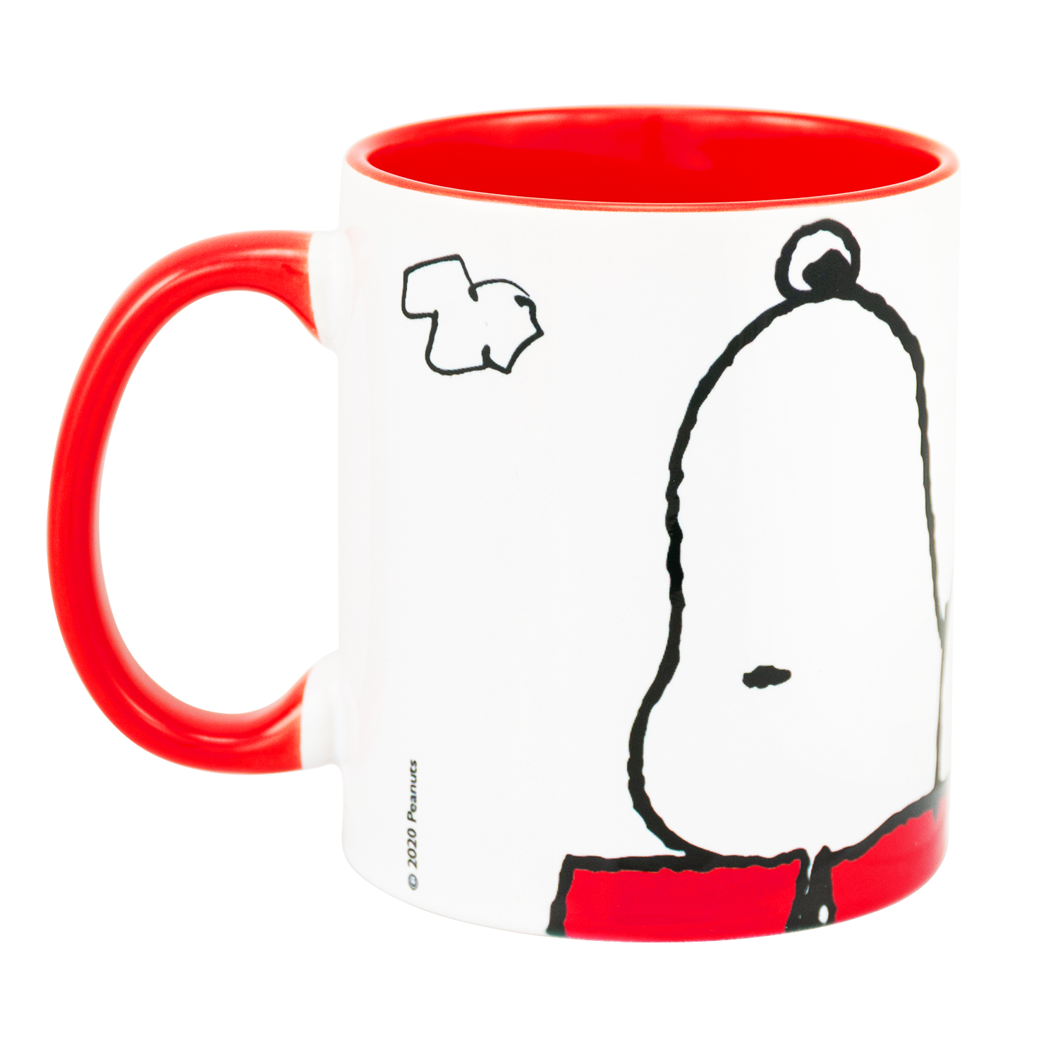Tasse mit Snoopy. Snoopy's Kopf ist sichtbar, mit rotem Rand und Henkel.
