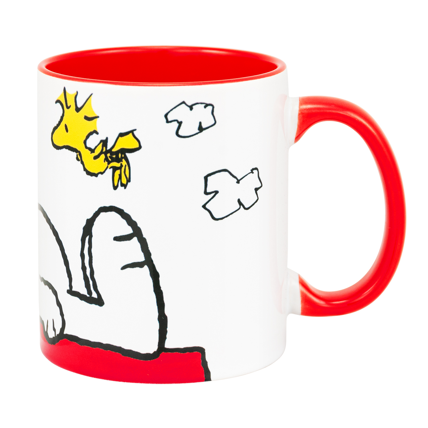 Eine weiße Tasse mit Snoopy- und Woodstock-Grafiken sowie rotem Innenraum und Henkel.