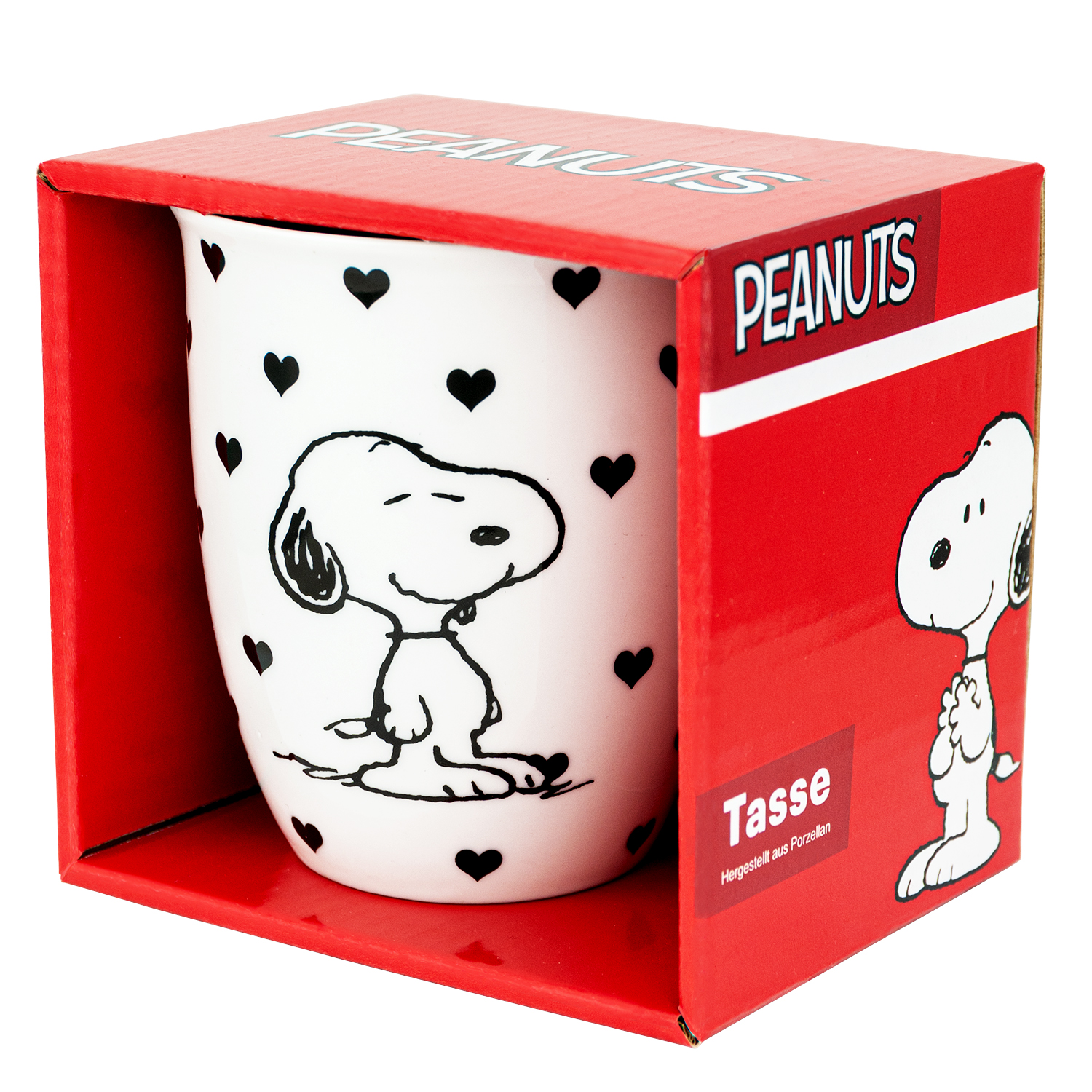 Ein weißer Becher mit Snoopy darauf und eine rote Box, die den Becher enthält. Weißer Hintergrund.
