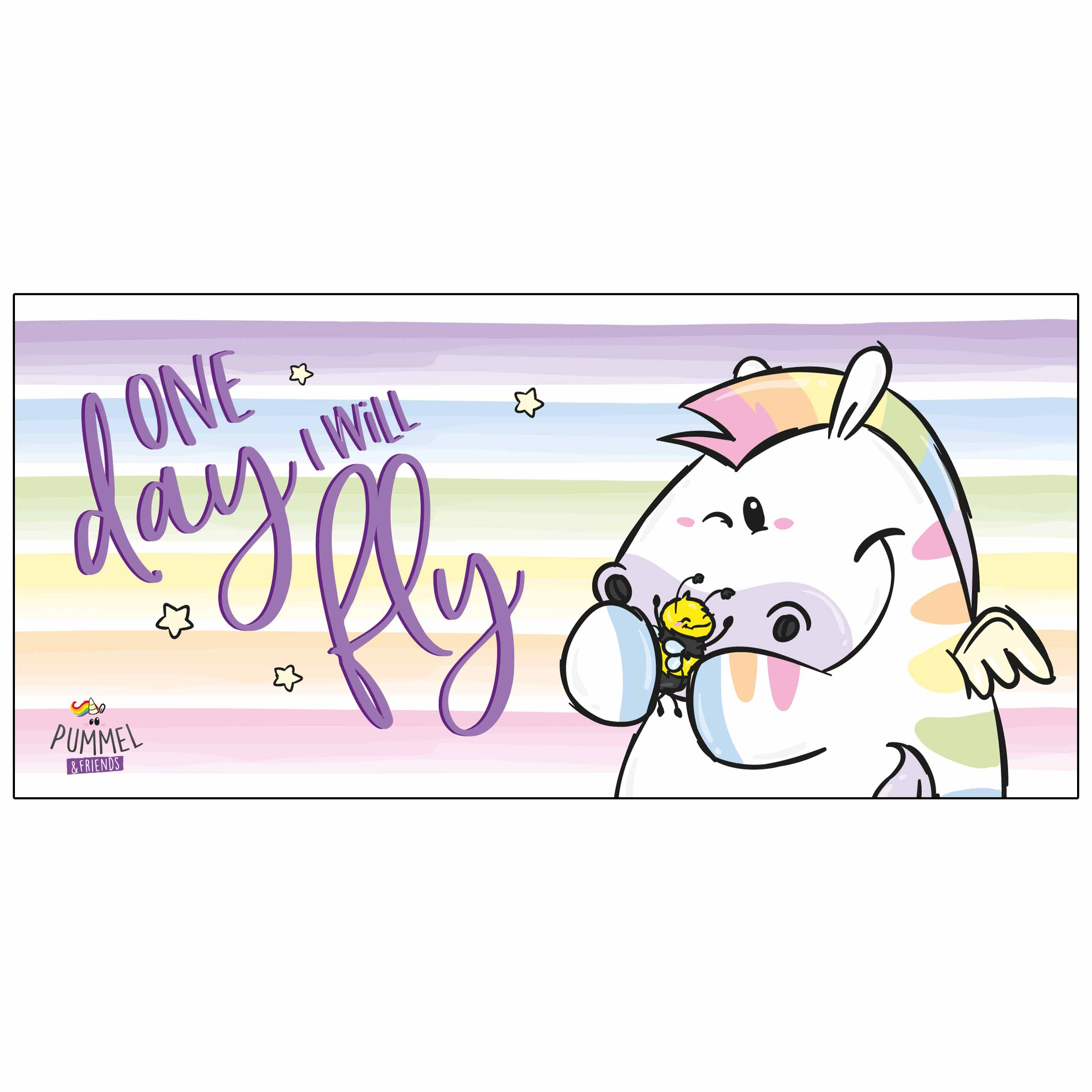 Illustration eines weißen Einhorns mit einer Biene und Text 'One day I will fly'.