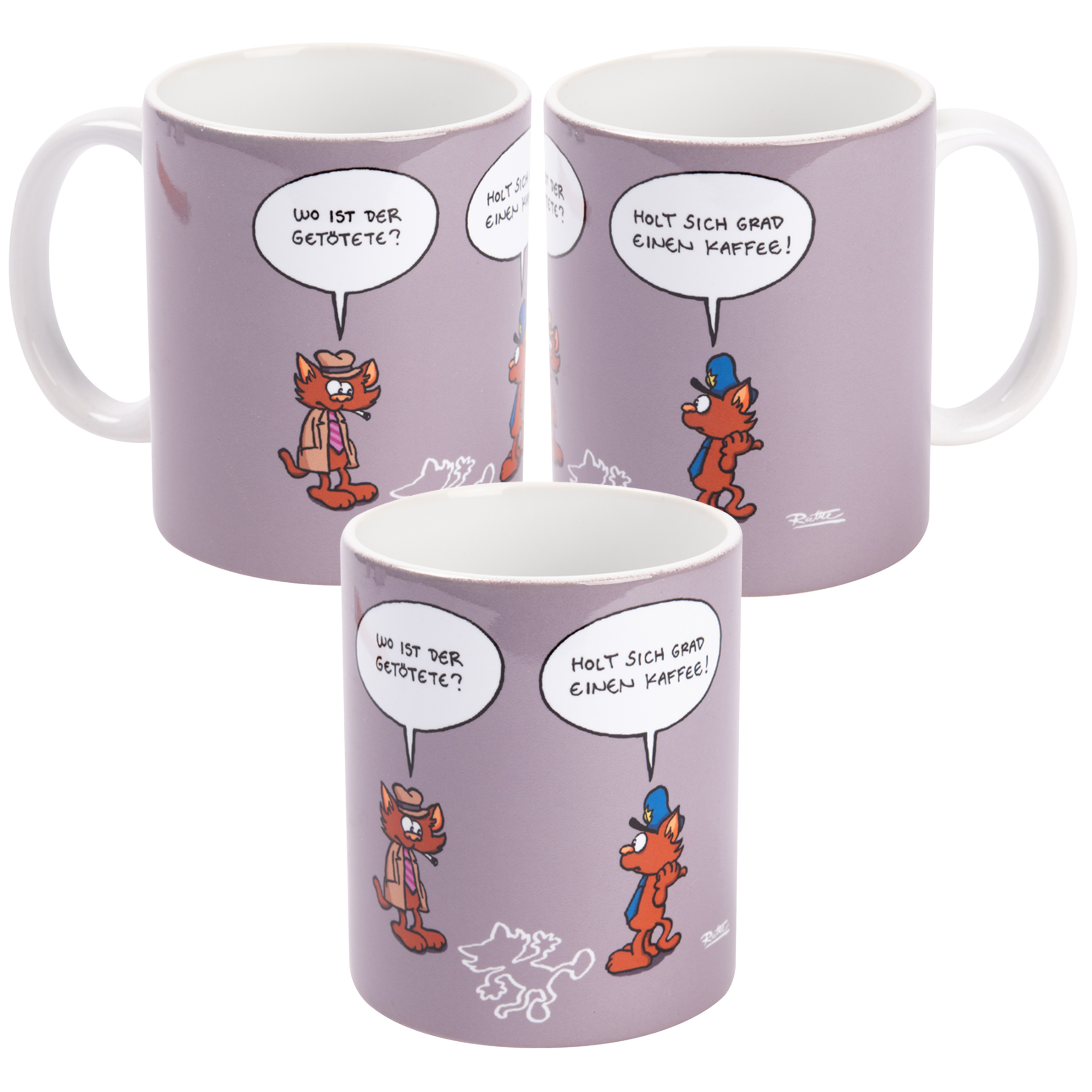 Drei Tassen mit einer Cartoon-Katze und Sprechblasen.