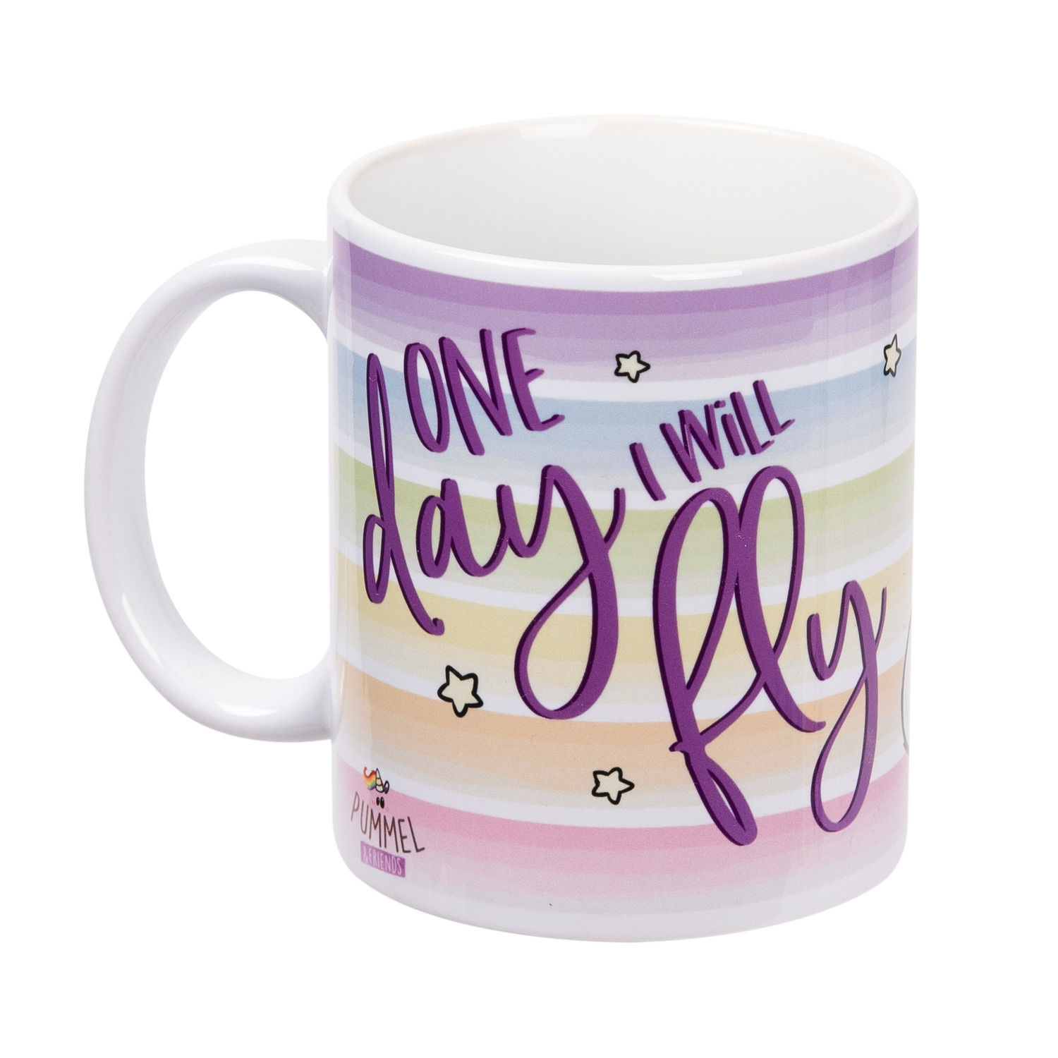 Eine Tasse mit buntem Streifendesign und Text: „Eines Tages werde ich fliegen“. Sterne.