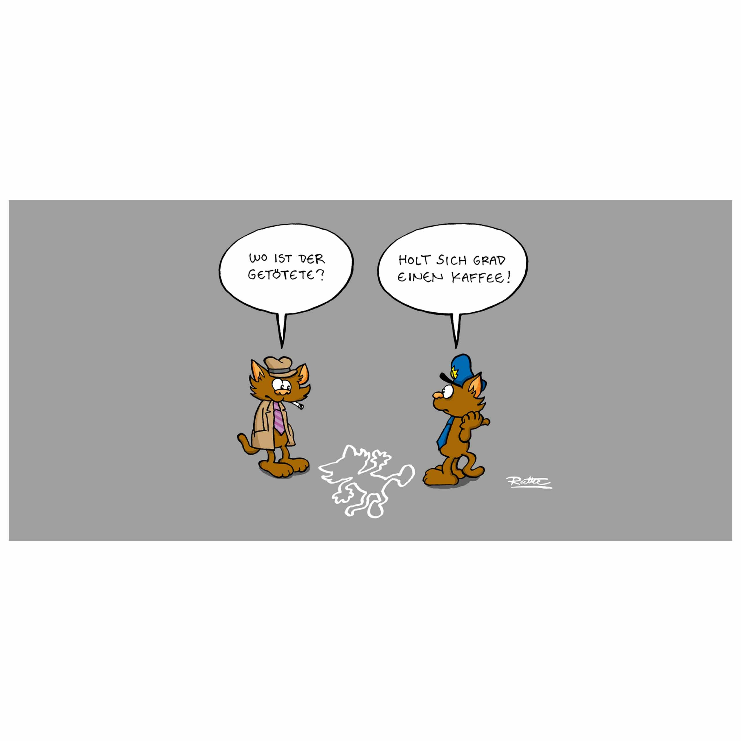 Cartoonbild. Zwei Katzen, eine mit Hut und Zigarette, die andere mit Hut und Schal.