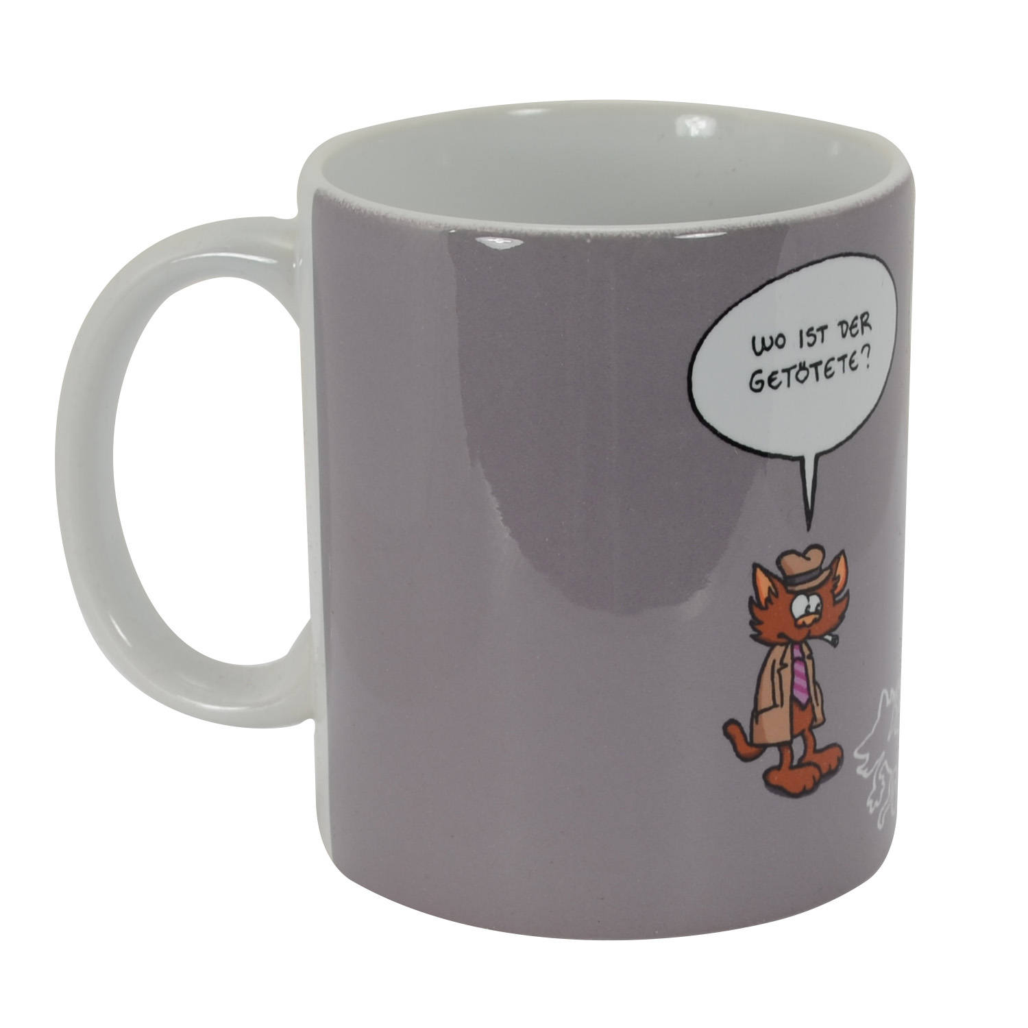 Eine Tasse mit einem Cartoon-Katzen-Detektiv, Sprechblase und weißem Griff.
