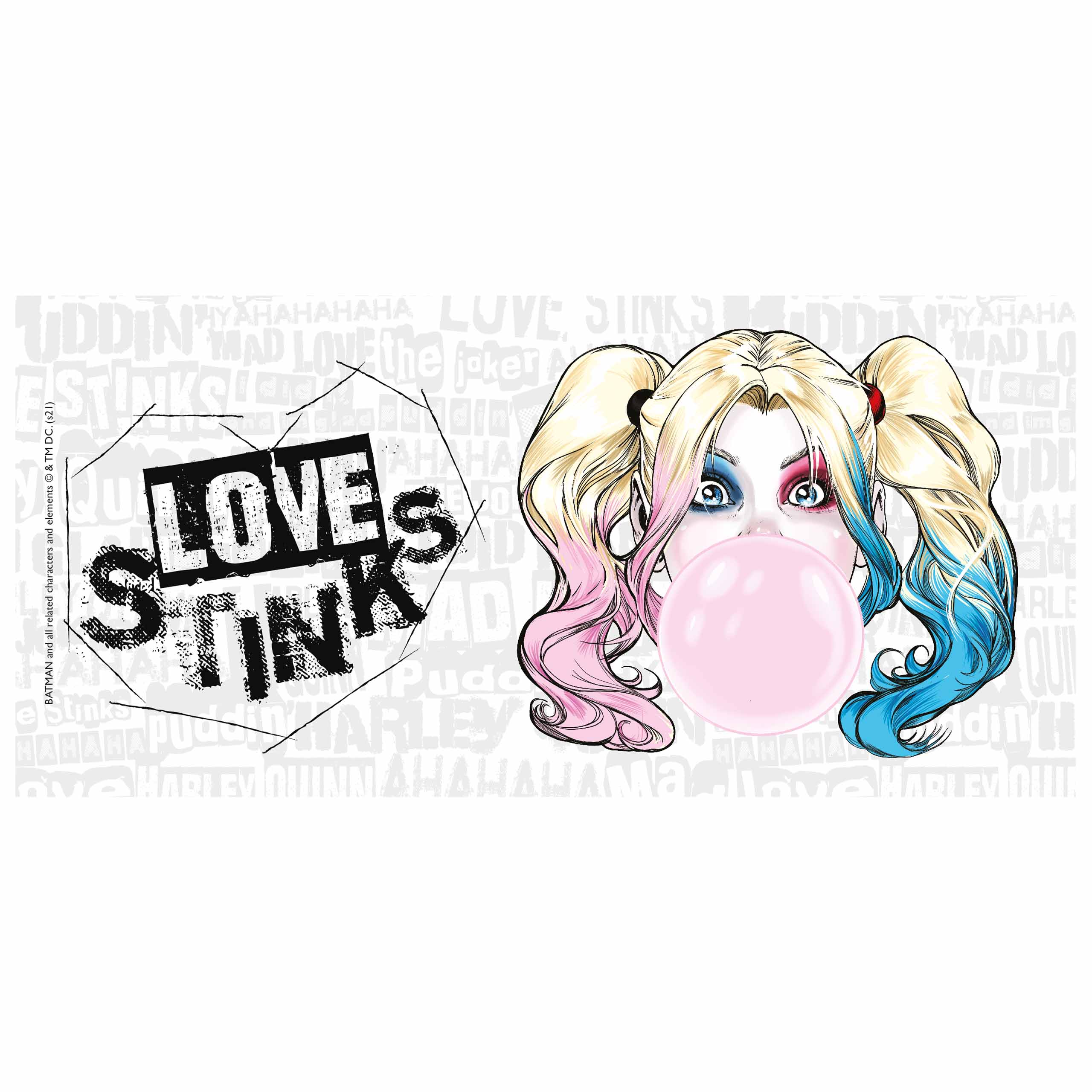 Harley Quinn mit Zöpfen und einer rosa Blase, umgeben von Text. Der Hintergrund ist weiß.