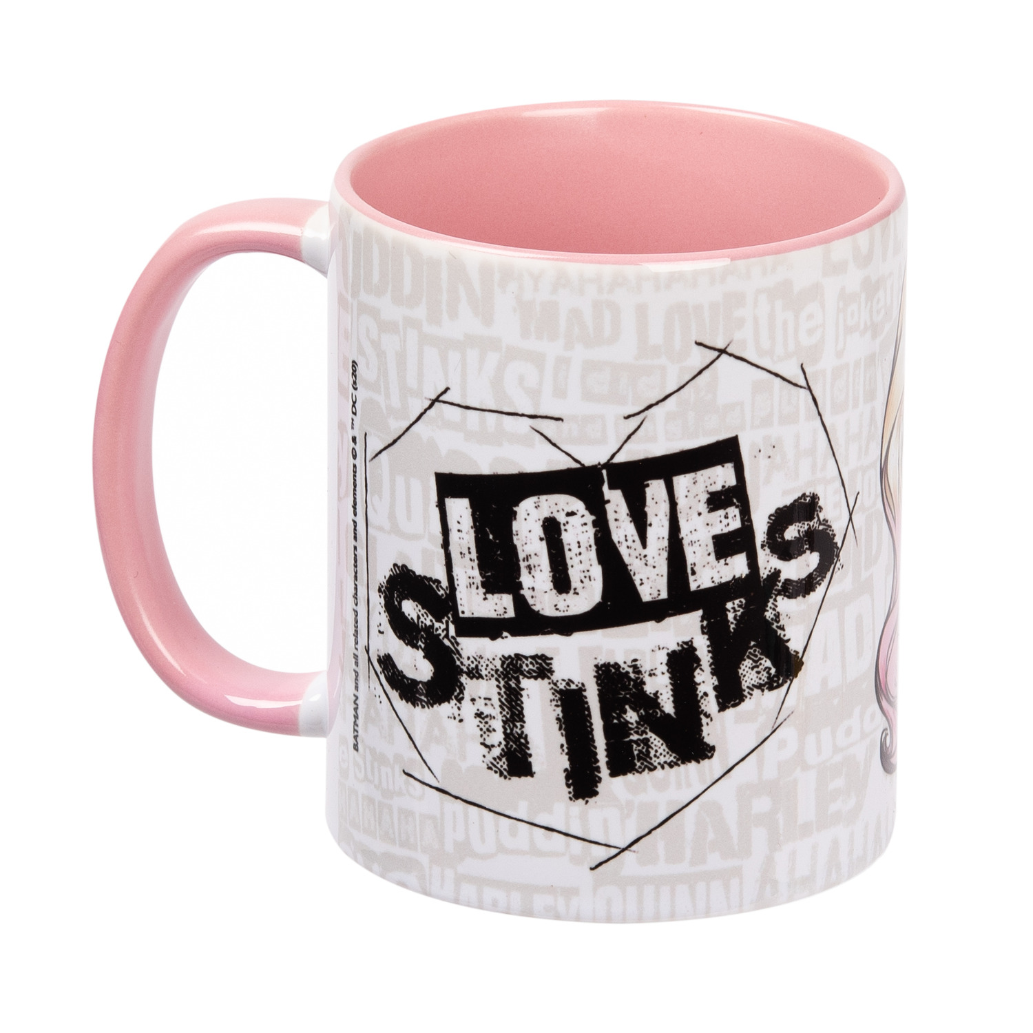 Becher mit pinker Innenseite und Griff. Text lautet 'SLOVES STINK'. Harley Quinn ist im Hintergrund.