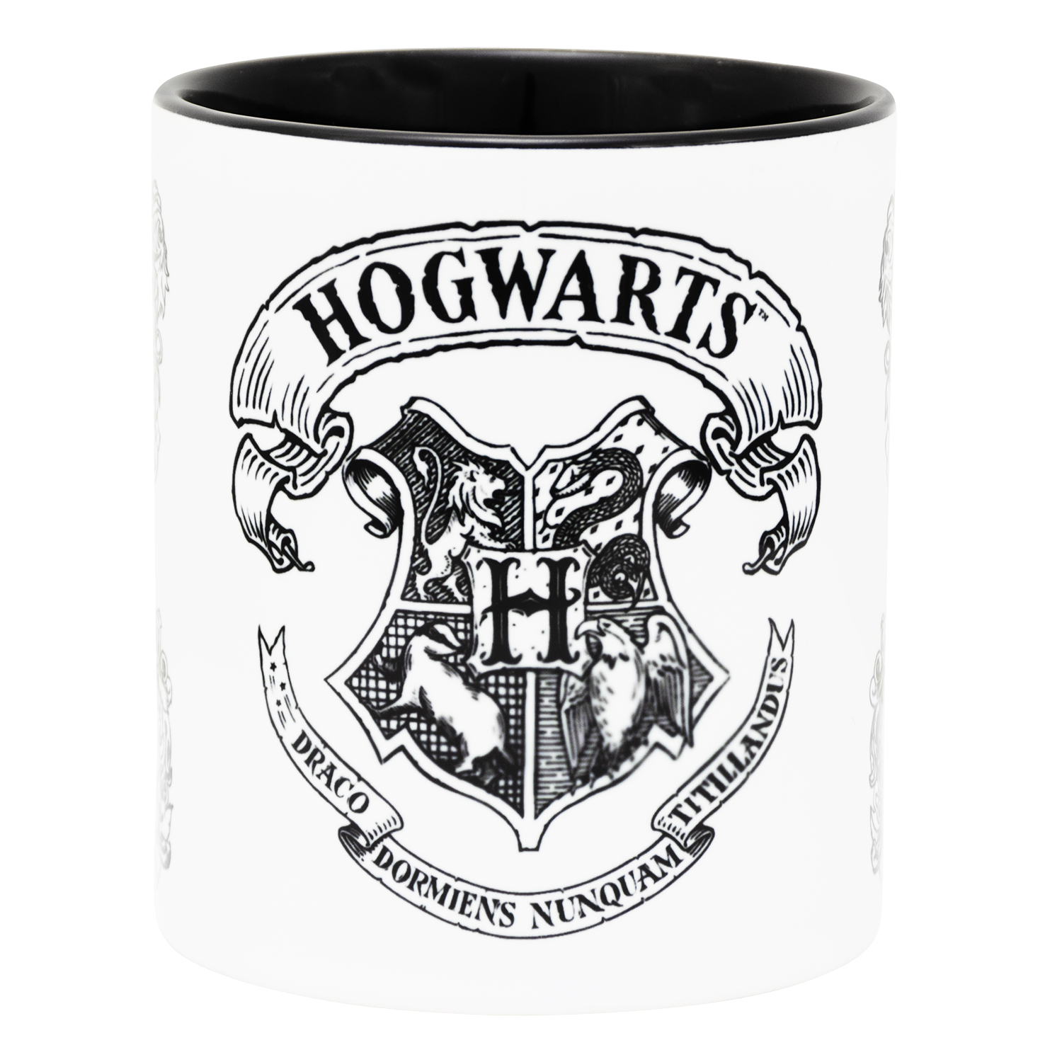 Weiße Tasse mit Hogwarts-Wappen und Text, schwarze Innenseite.