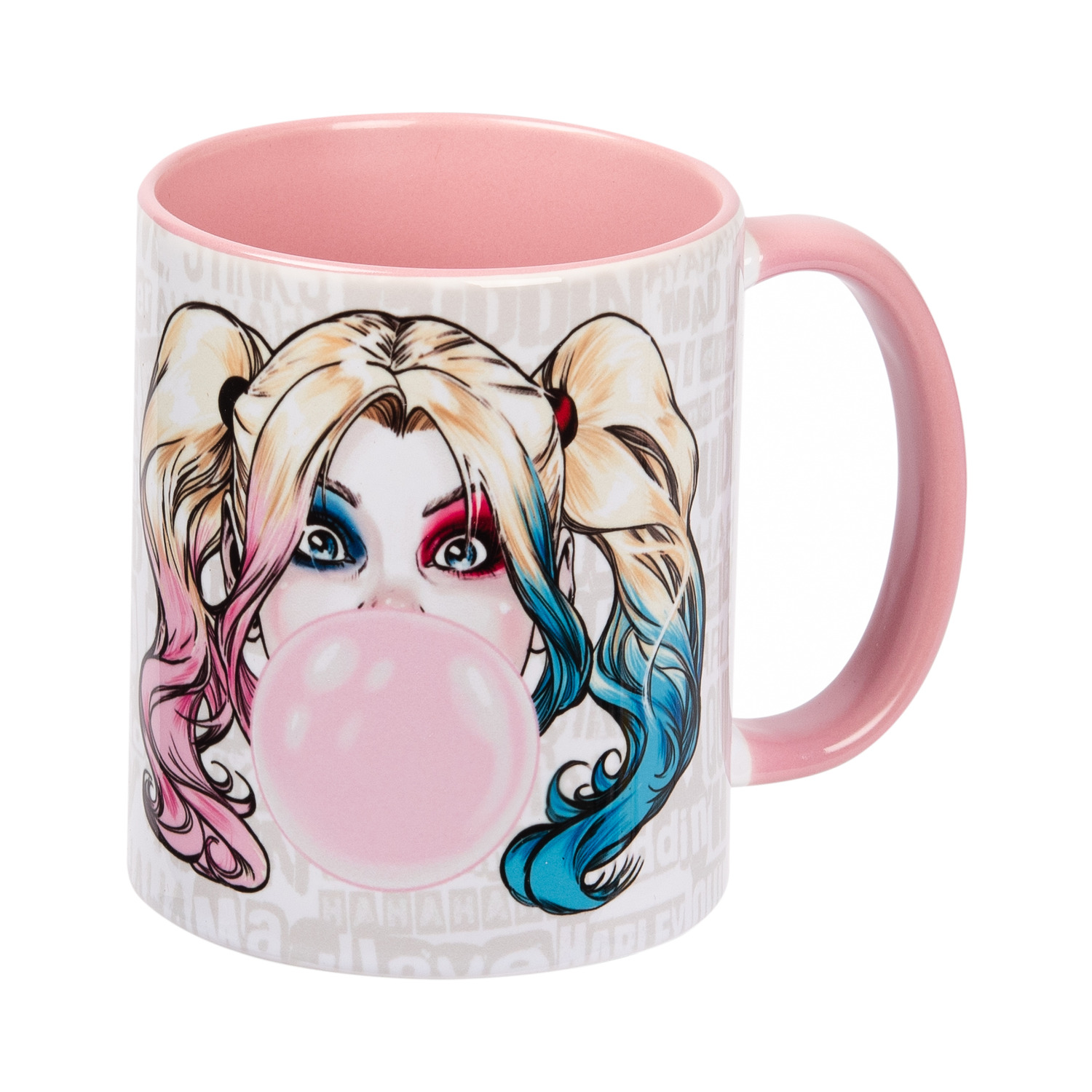 Weiße Tasse mit Harley Quinn-Illustration. Sie bläst eine rosa Blase.