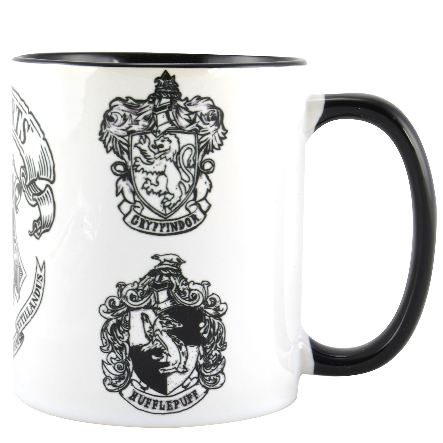Tasse mit verschiedenen Hauswappen aus Harry Potter, mit schwarzem Henkel und Rand.