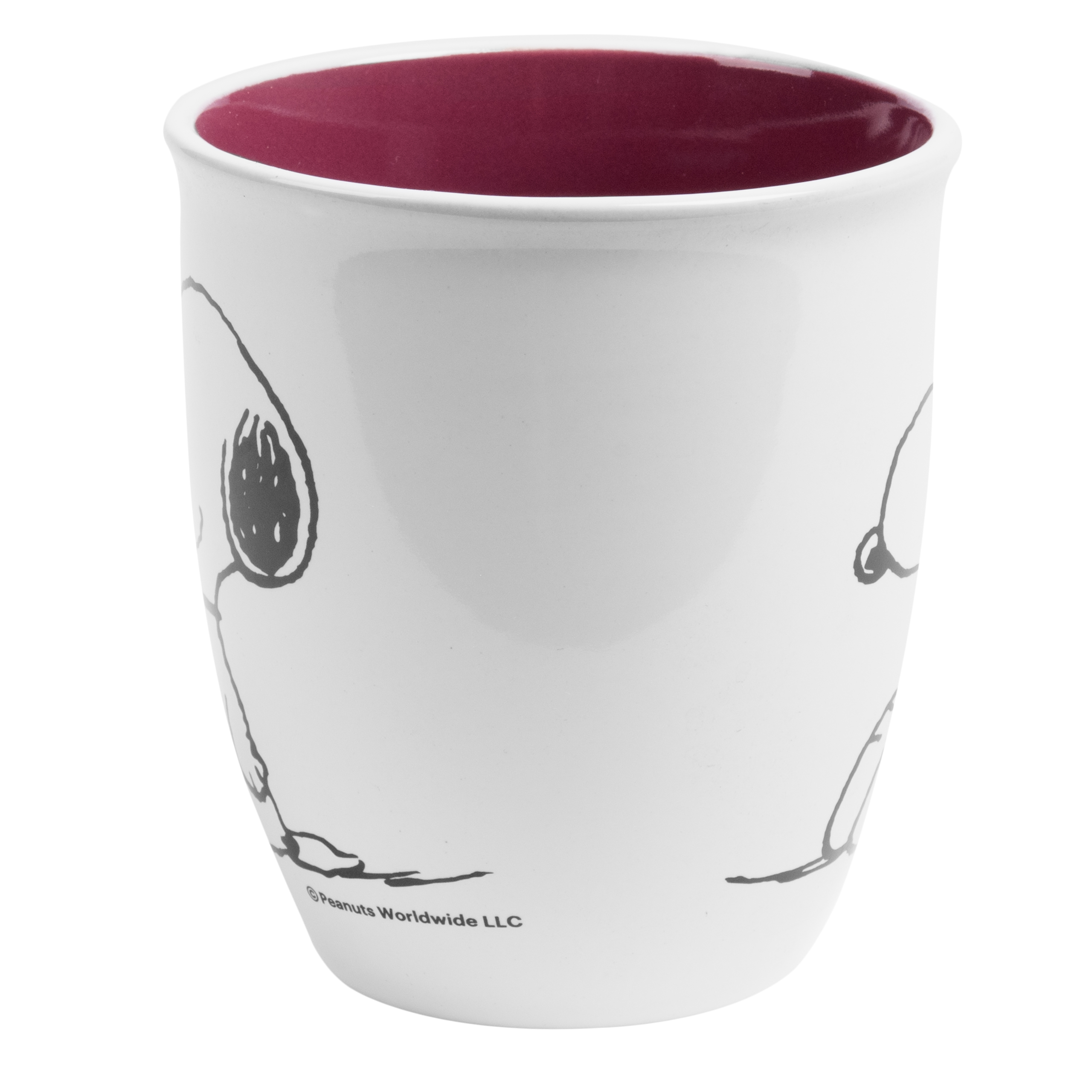 Weiße Tasse mit Snoopy-Illustration in schwarzer Umrisslinie, rotes Innere.