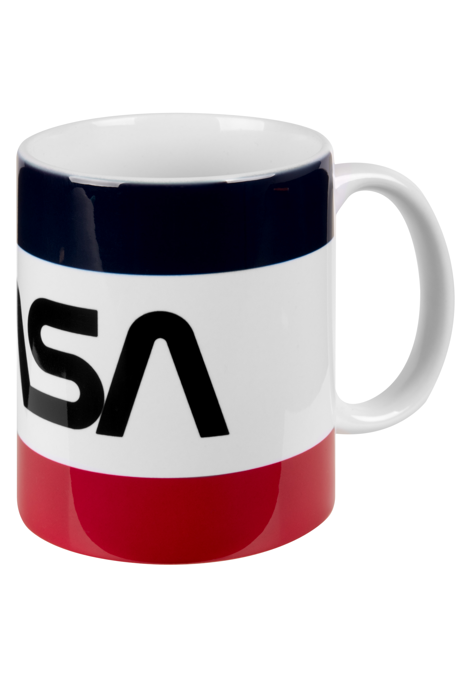 NASA-Tasse mit blauen, weißen und roten Streifen und dem NASA-Logo in Schwarz.