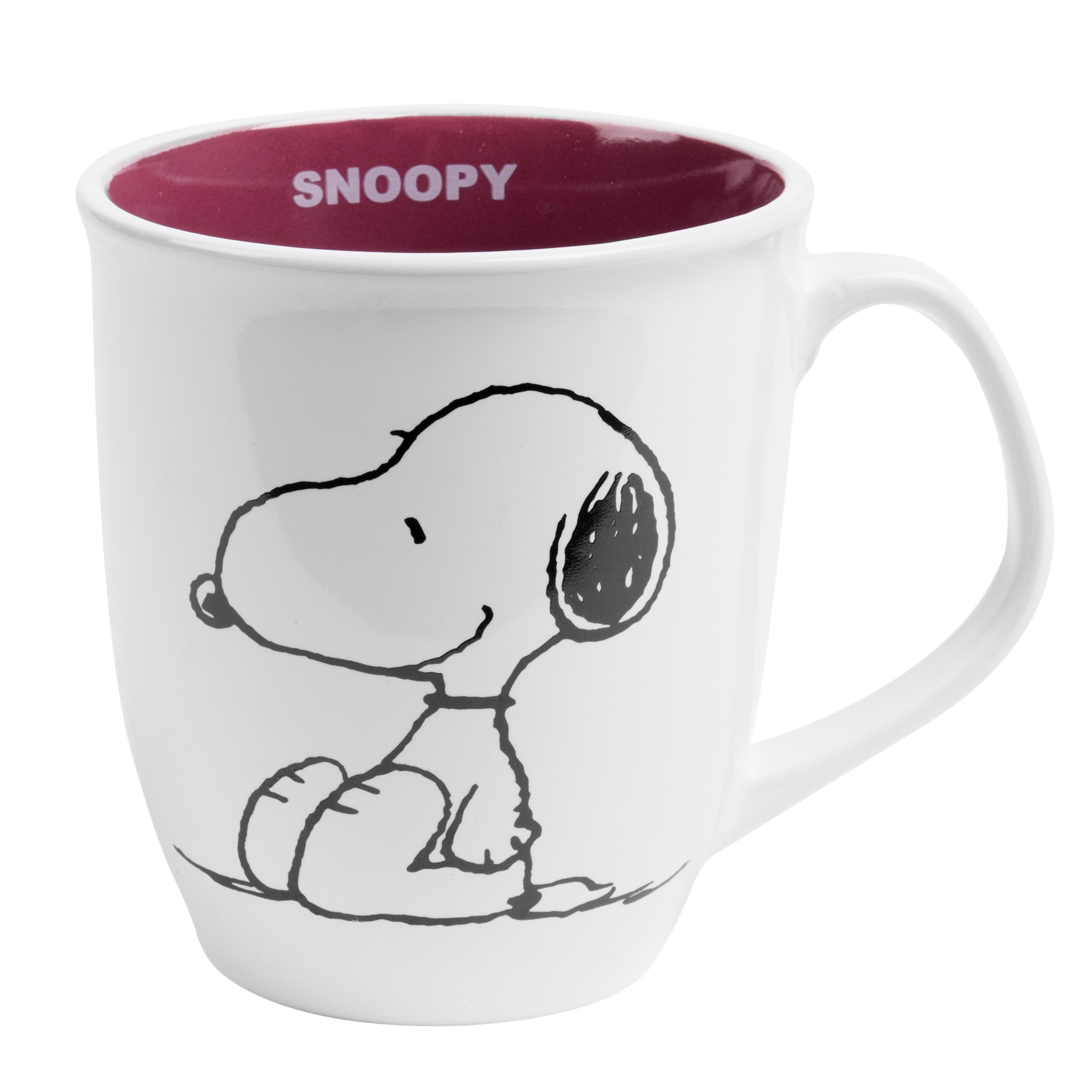 Eine weiße Tasse mit einem Snoopy-Design und rotem Innenraum.