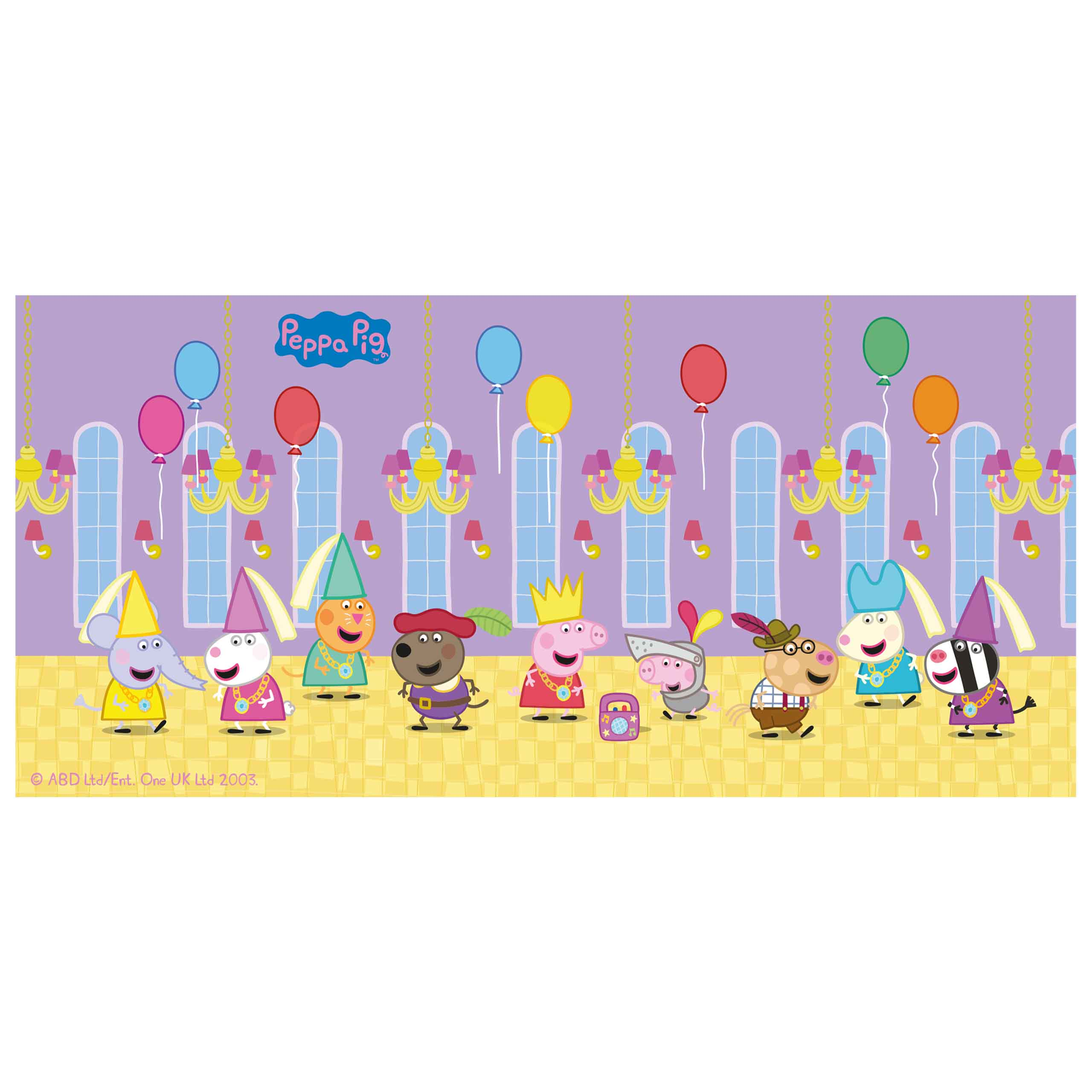 Peppa Wutz Figuren in schlossartiger Umgebung, mit Ballons und Dekoration.