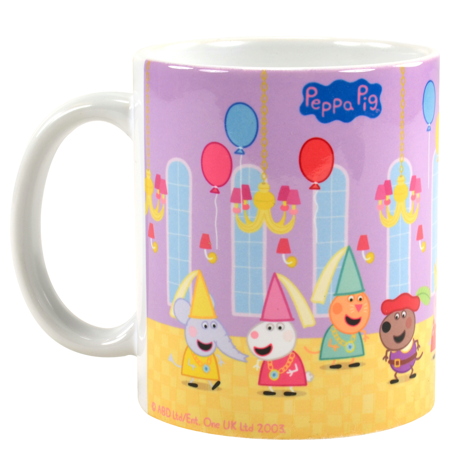 Eine Peppa Wutz Tasse mit Figuren und Ballons. Der Hintergrund hat ein lila und gelbes Farbschema.