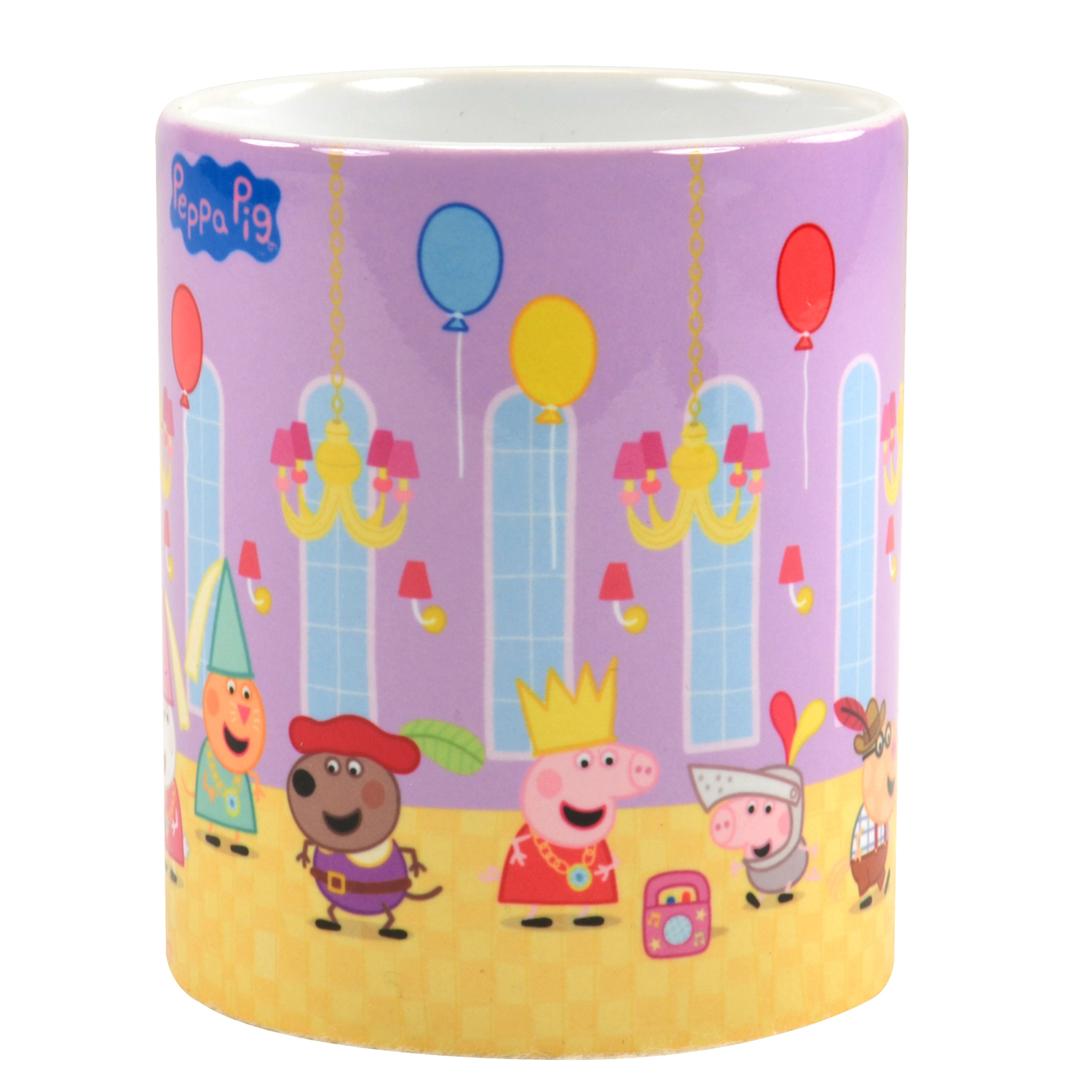 Eine Tasse mit Peppa Wutz-Motiv, die eine Partyszene mit Figuren zeigt.