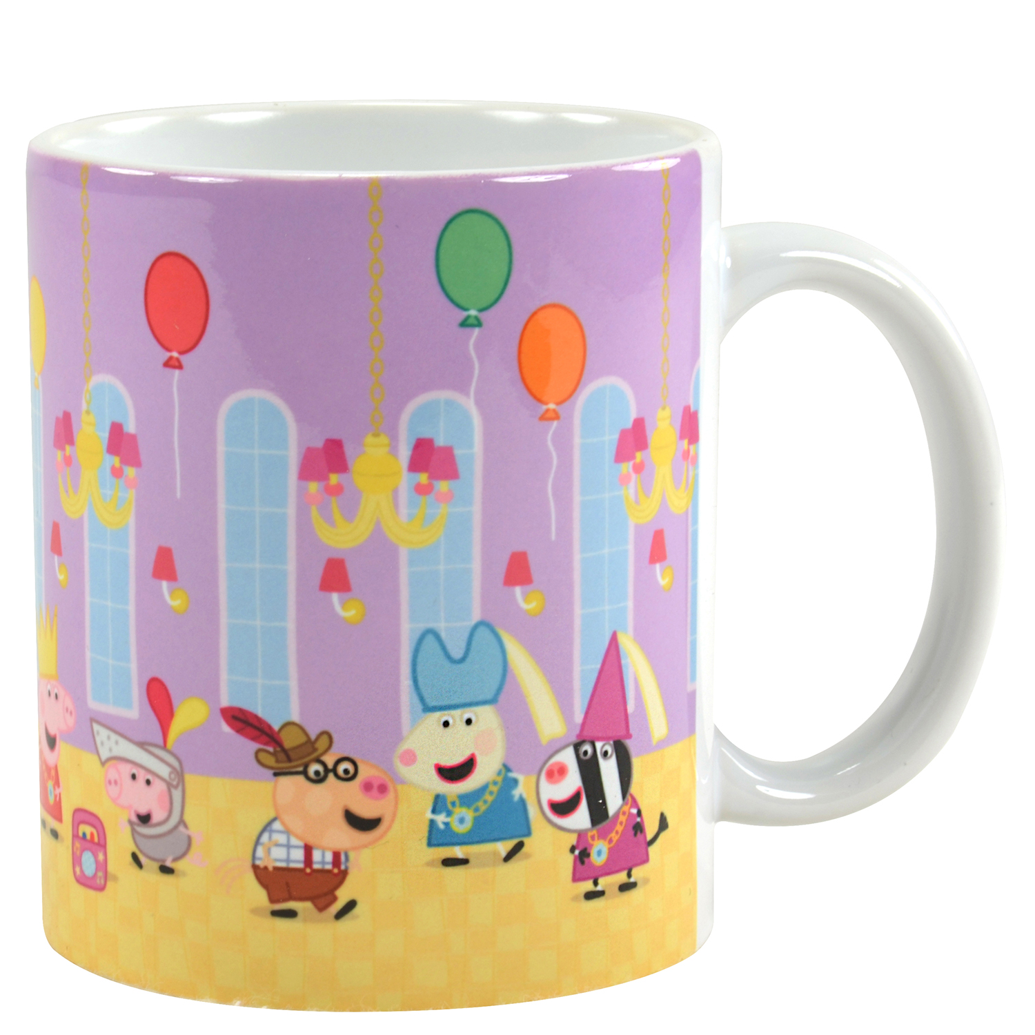 Tasse mit Cartoon-Schweinen in einer Partyszene.