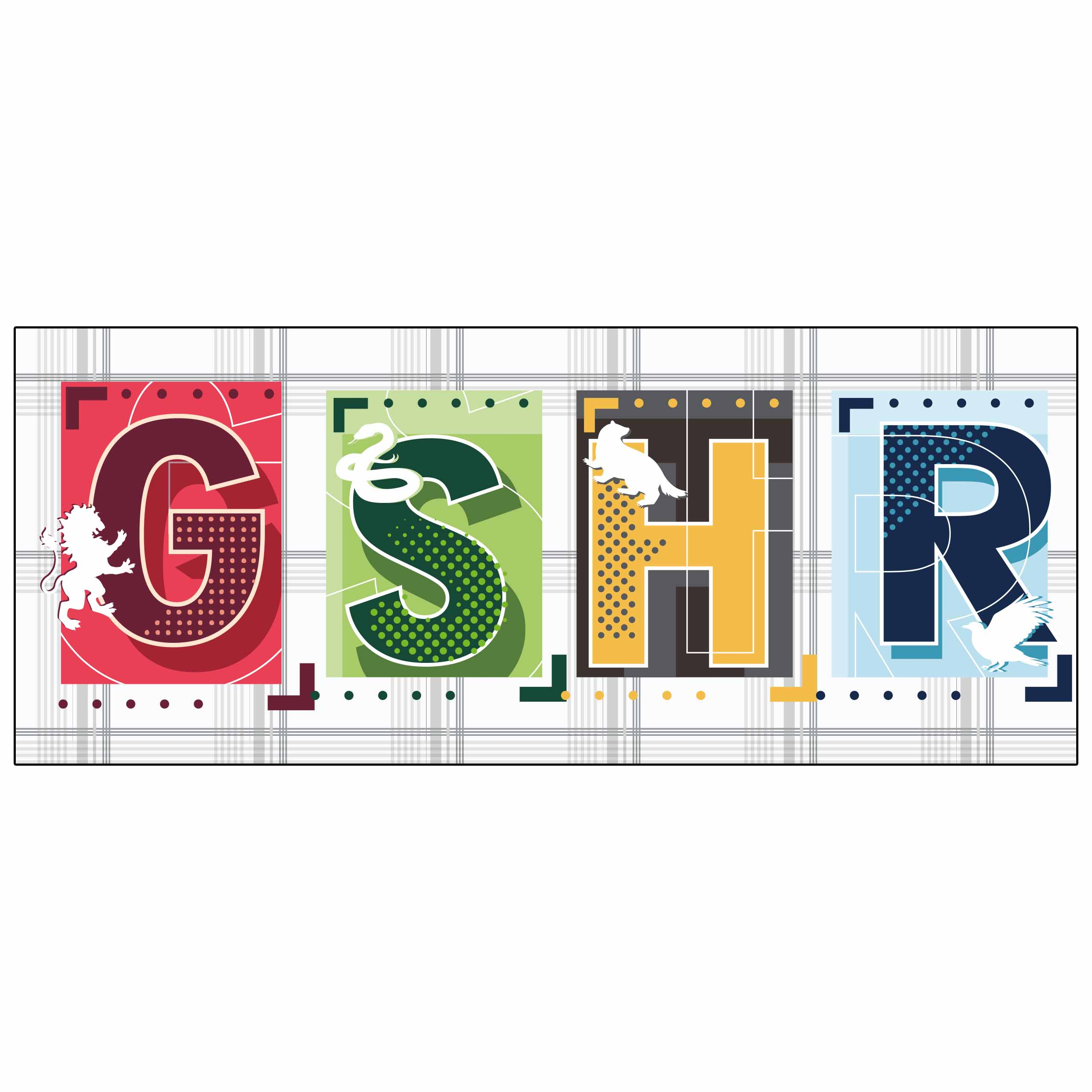 Banner mit den Buchstaben G, S, H, R. Jeder Buchstabe in anderer Farbe, Tier.