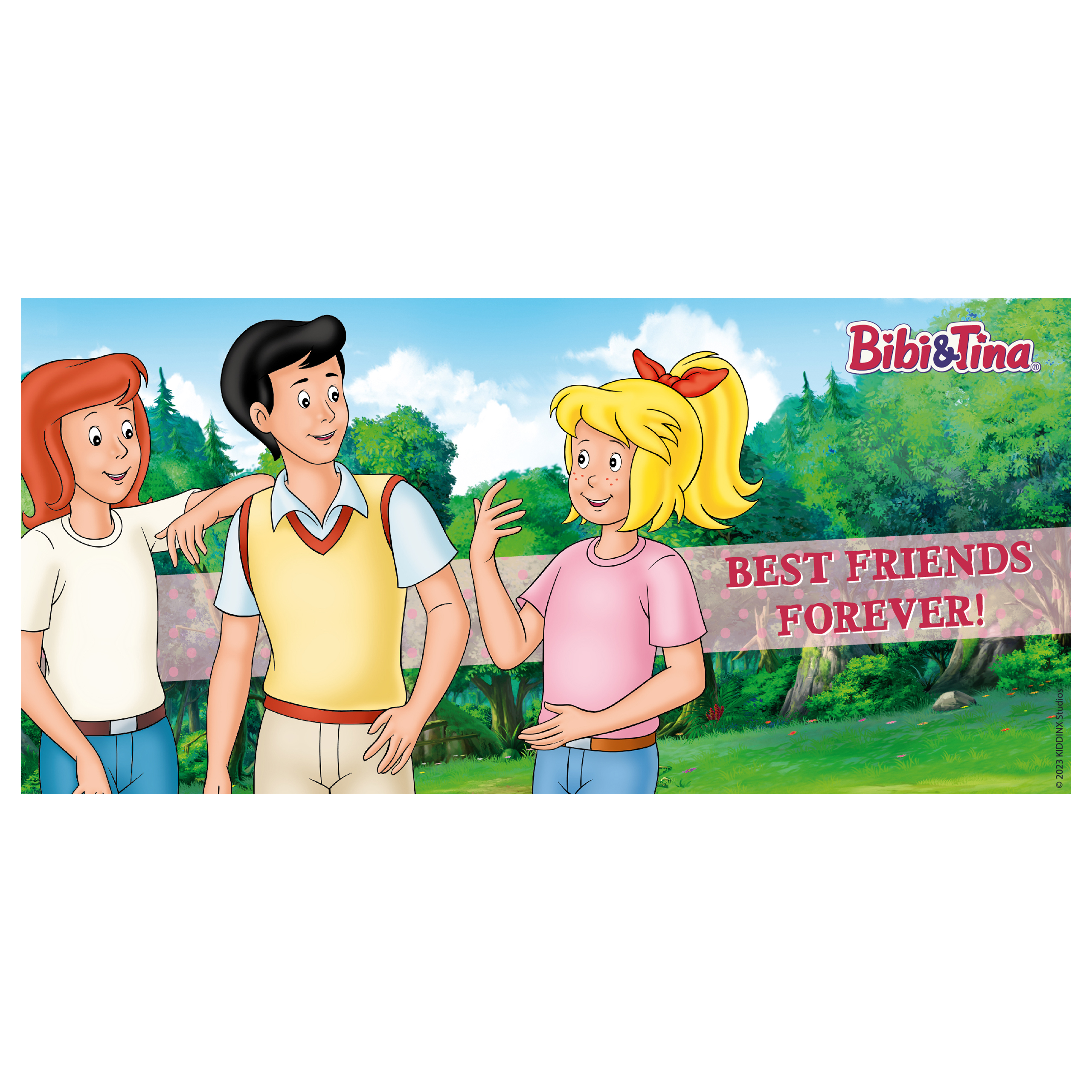Drei Zeichentrickfiguren mit Text: BEST FRIENDS FOREVER! Szene ist in einem Park mit grünen Bäumen.