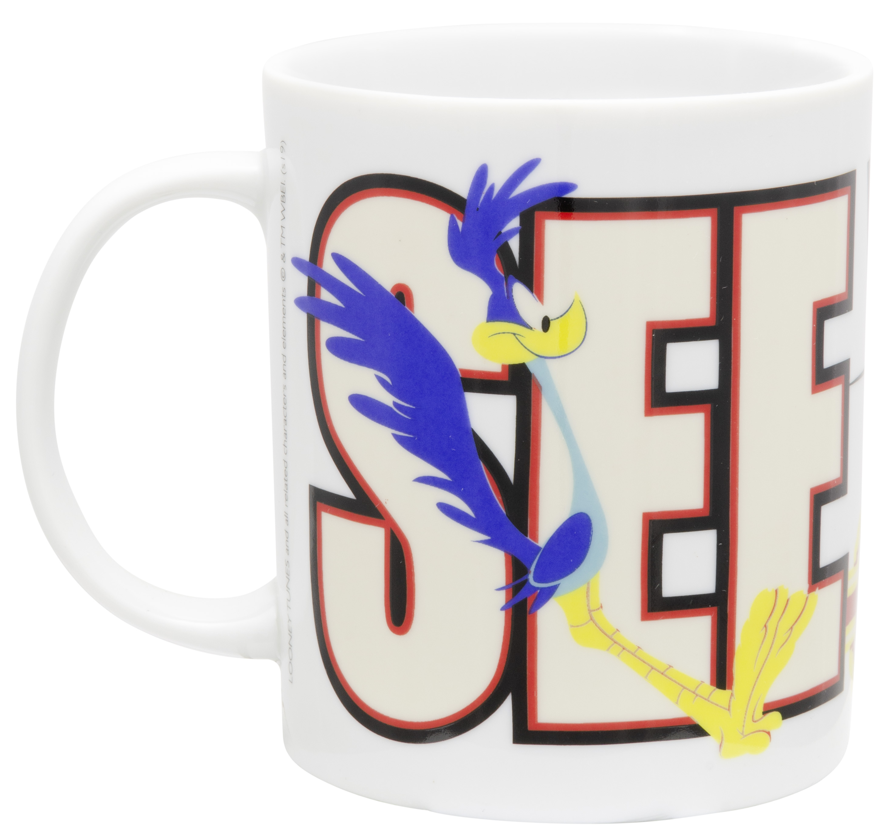 Weißer Becher mit Road Runner-Cartoonfigur und dem Wort 'SEE' in großen Buchstaben.