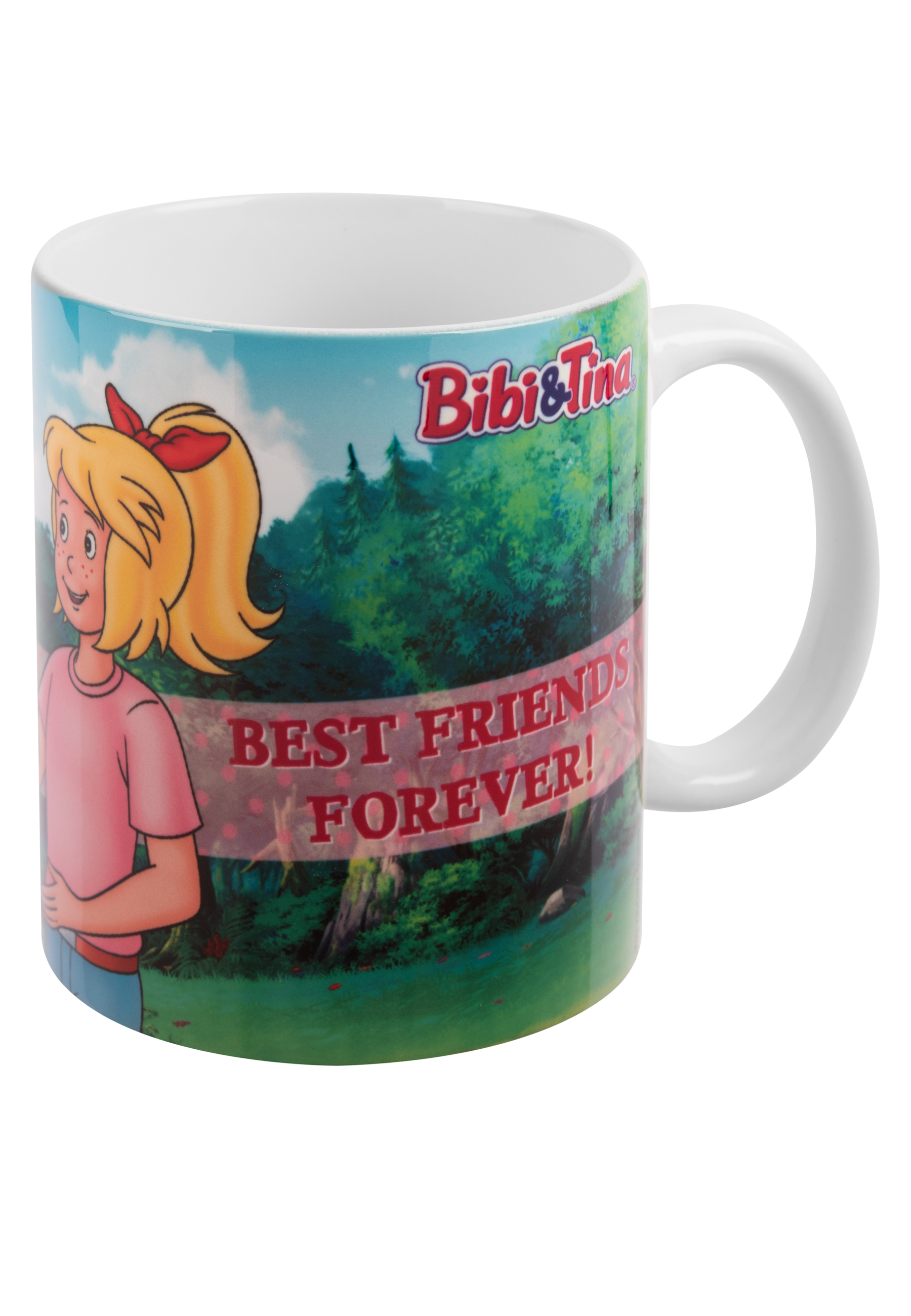 Weiße Tasse mit einem Cartoon-Bild und dem Text: Best Friends Forever! Weißer Hintergrund.