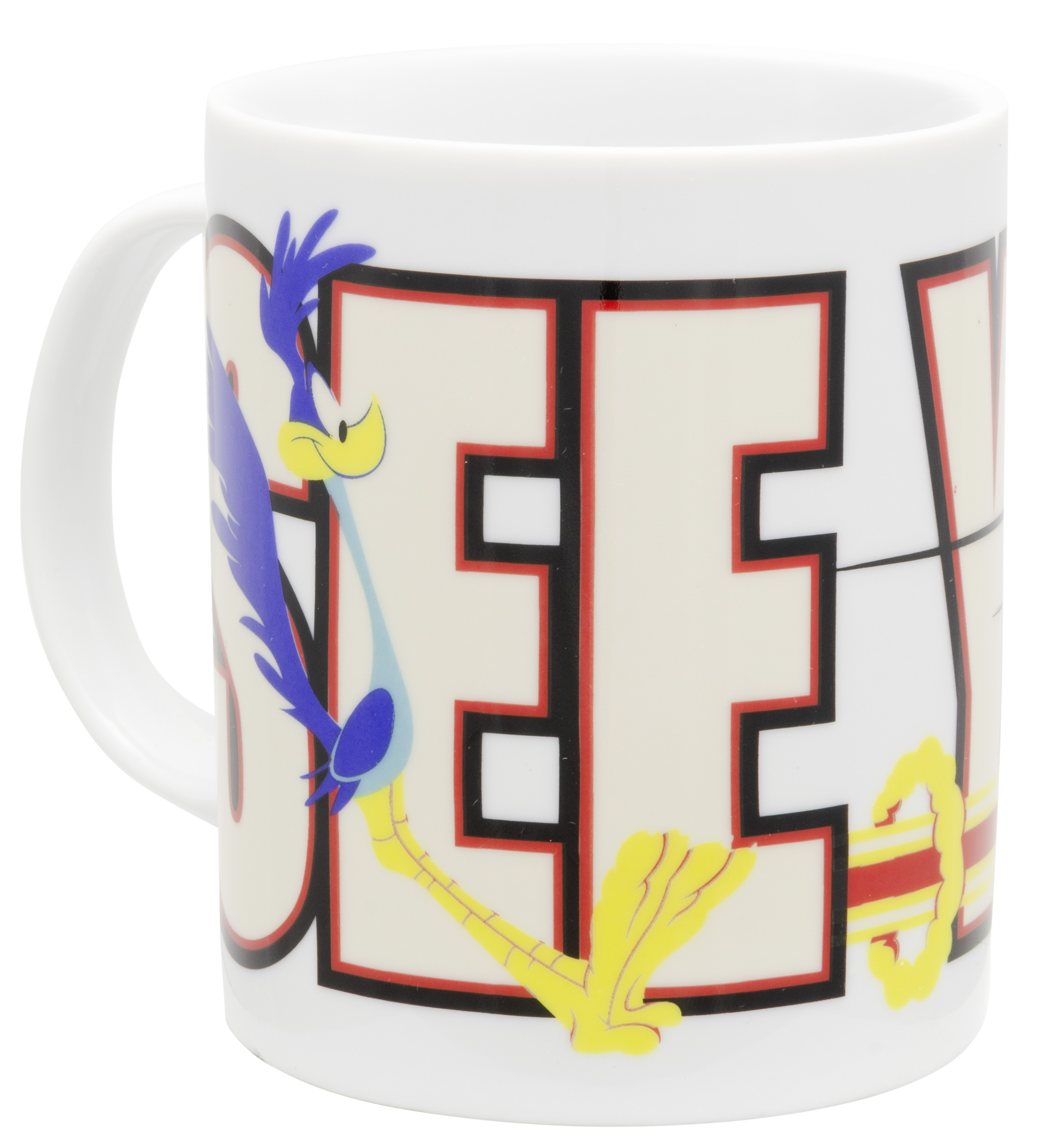 Weißer Becher mit Road Runner-Illustration und dem Wort SEE YA.