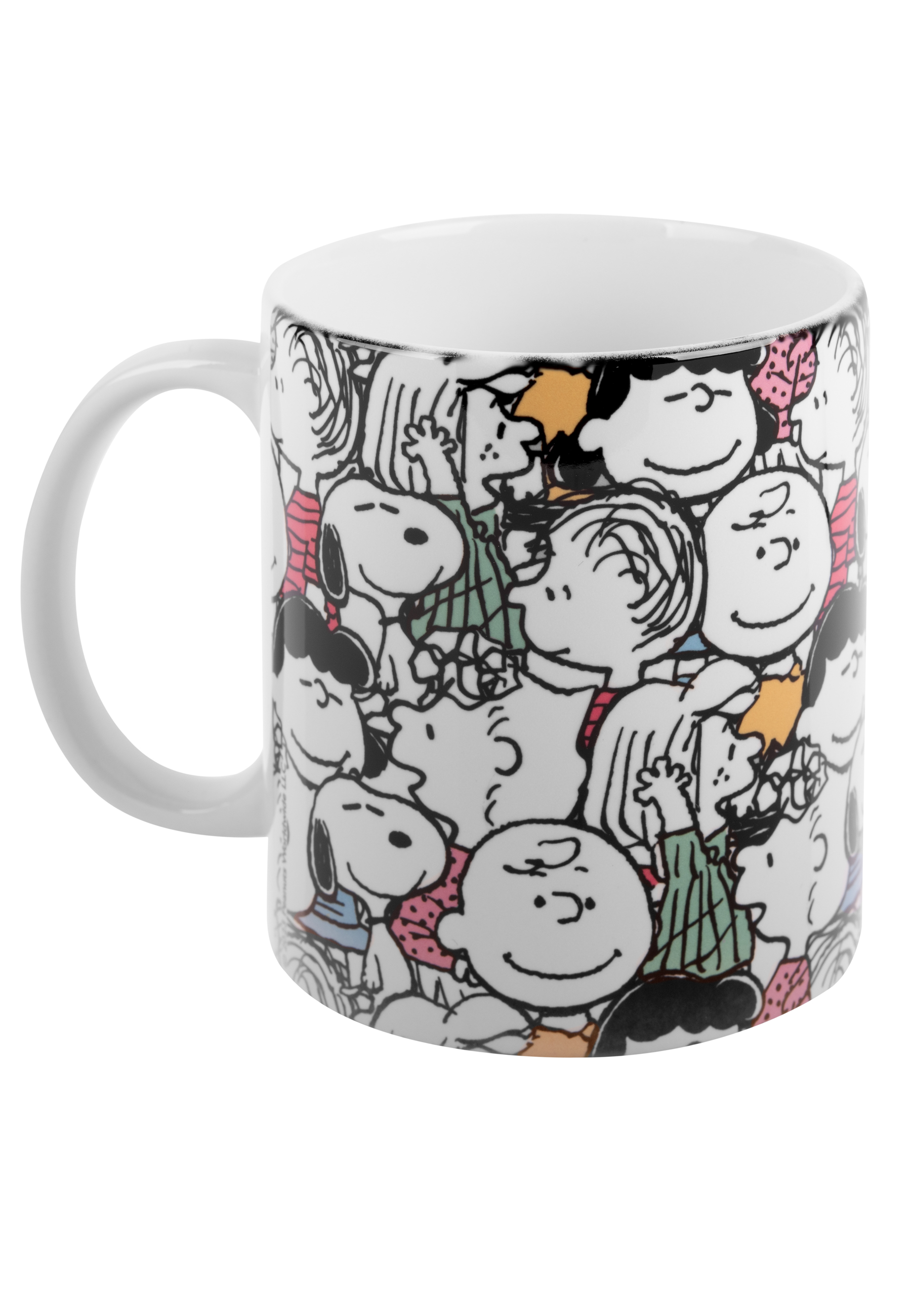 Eine Tasse mit Zeichentrickfiguren. Mit einem Muster verschiedener Peanuts-Charaktere in einem lustigen Design.