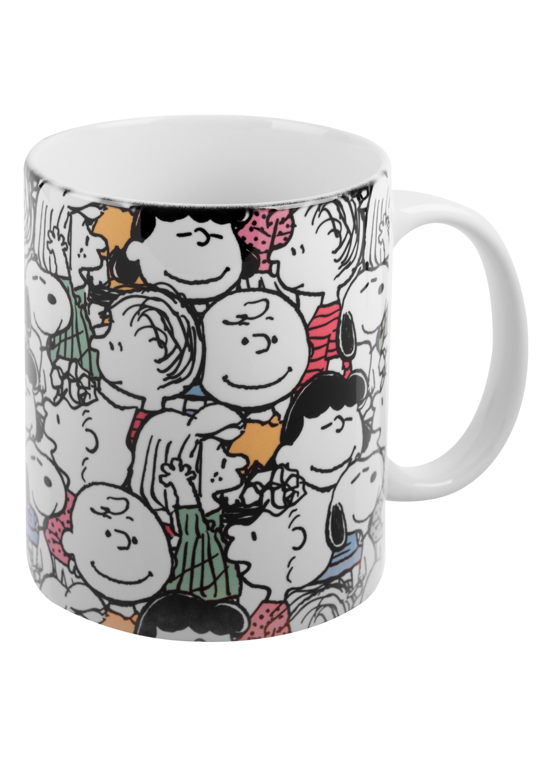 Eine weiße Tasse mit Peanuts-Cartoonfiguren.