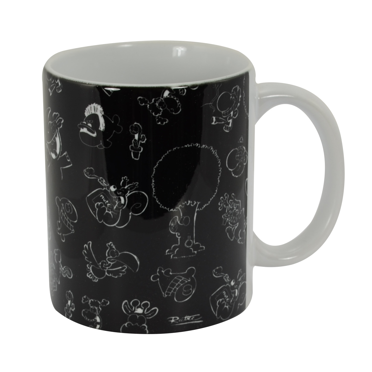 Tasse mit schwarz-weißen Zeichnungen von Comicfiguren. Weißer Henkel.