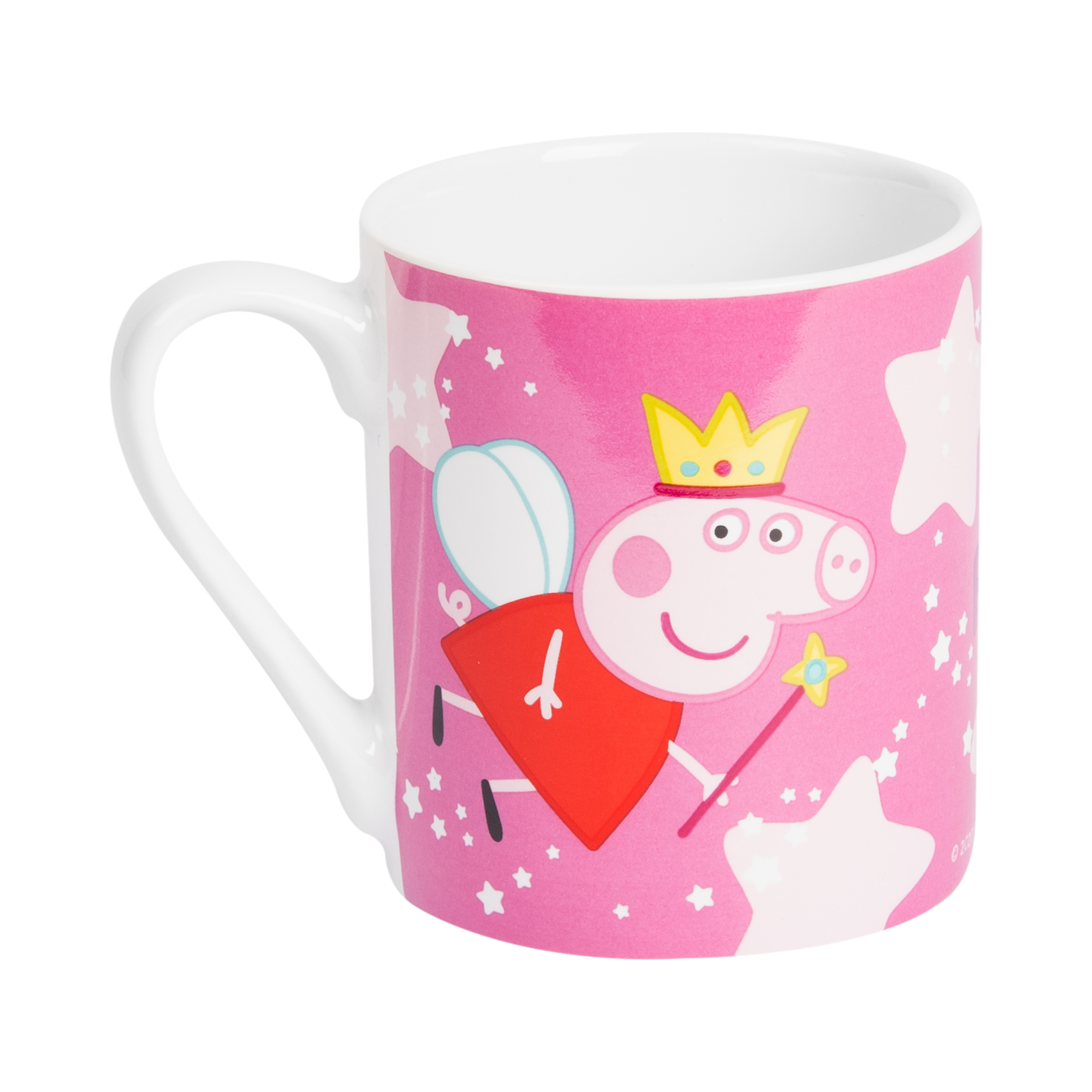 Rosa Tasse mit Peppa Wutz Illustration und einer Fee, Sternen und einer Krone.