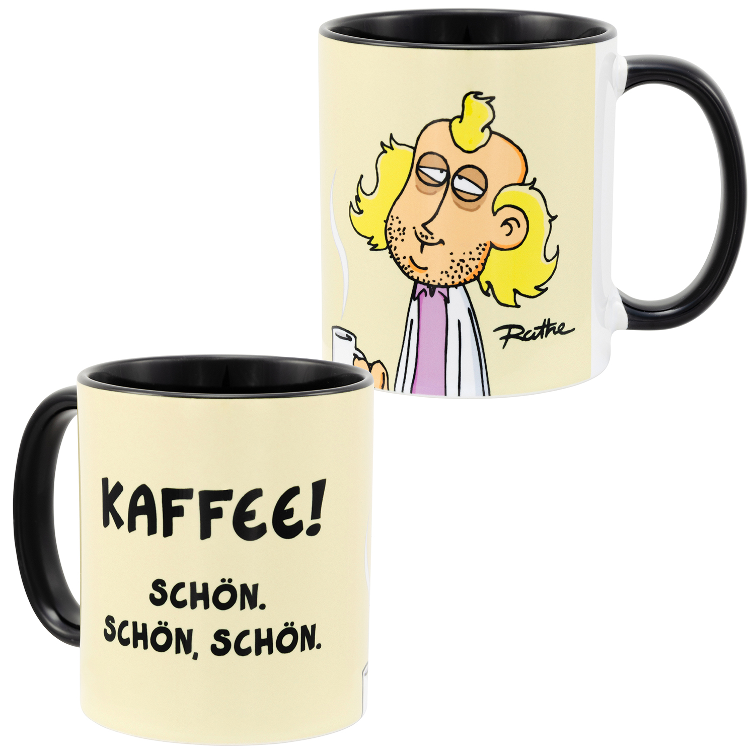 Zwei Tassen mit Cartoons eines Mannes und den Worten 'KAFFEE! SCHÖN'.