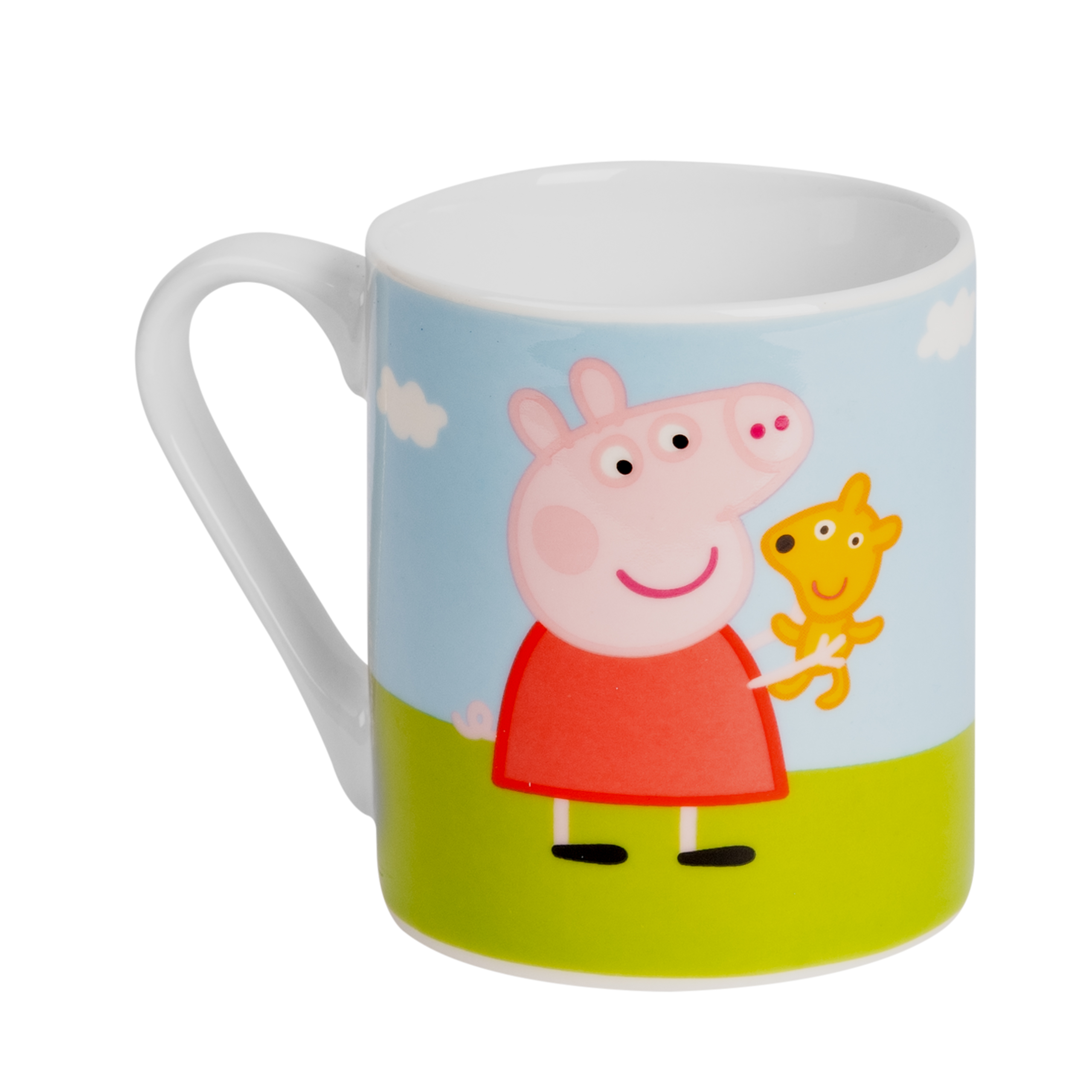 Peppa Wutz Tasse mit Peppa und einem Freund auf grünem Feldhintergrund.