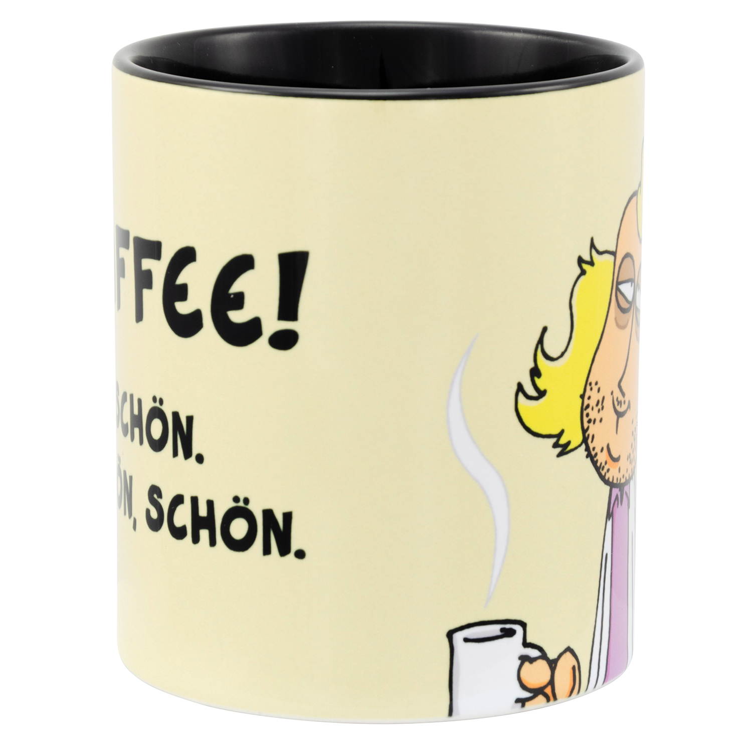 Eine Tasse mit einem Cartoon-Mann, der eine Kaffeetasse hält, mit Text: Kaffee! Süß, süß, süß.