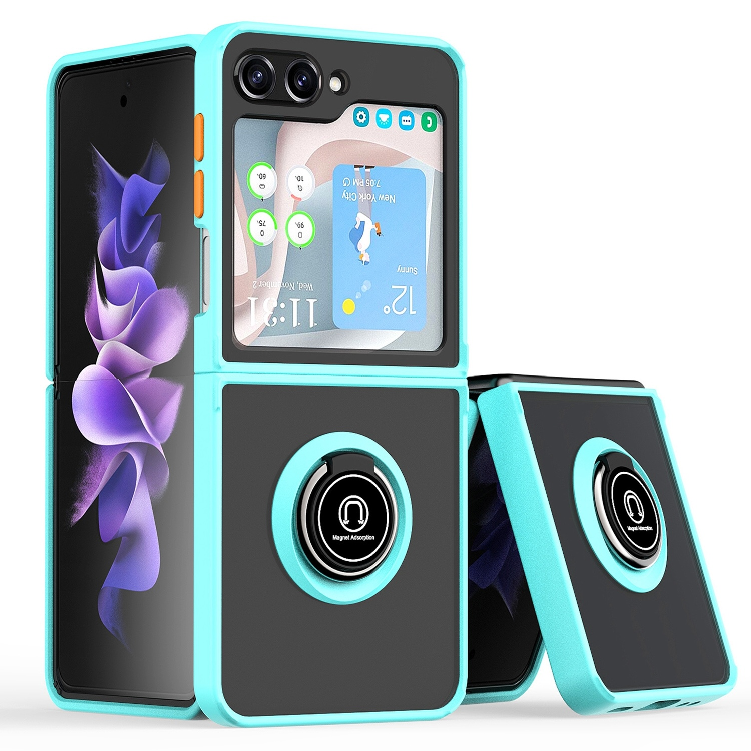 Faltbares Telefon mit Schutzhülle. Die Hülle ist hellblau und schwarz, mit einem Magnetring.